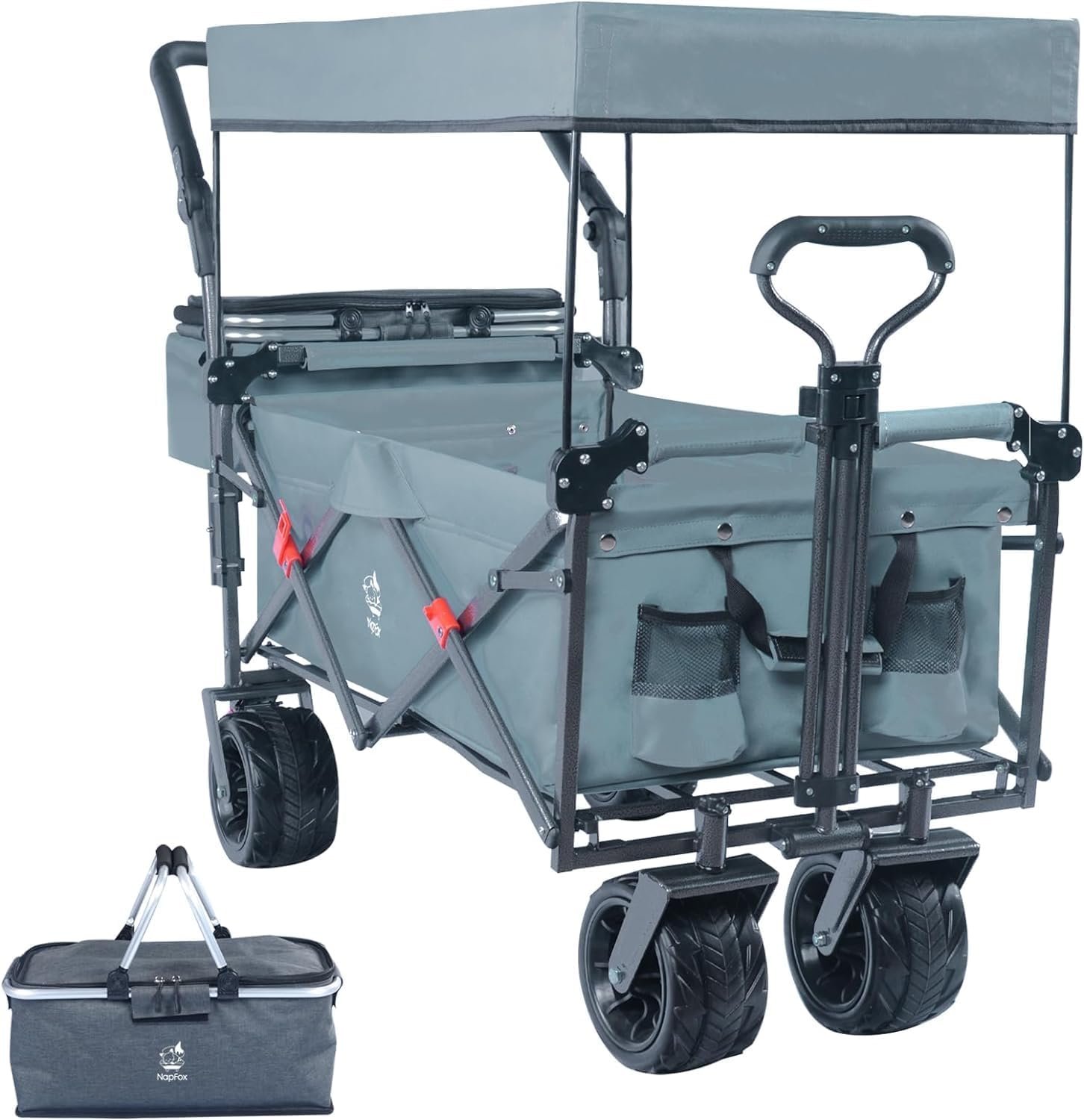 GOWE Collapsible Wagon 140L Wagons Carts Foldable with Removable Canopy, Folding Wagon Cart with Wheels for All-Terrain with Brake, Foldable Wagon with Cooler Bag, for Camping Beach Shopping