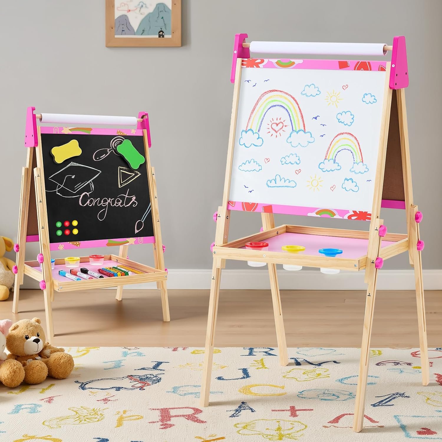 DUMOS Kids Art Easel, Chalkboard & Whiteboard, Paper Roll, Ages 3+, Pink