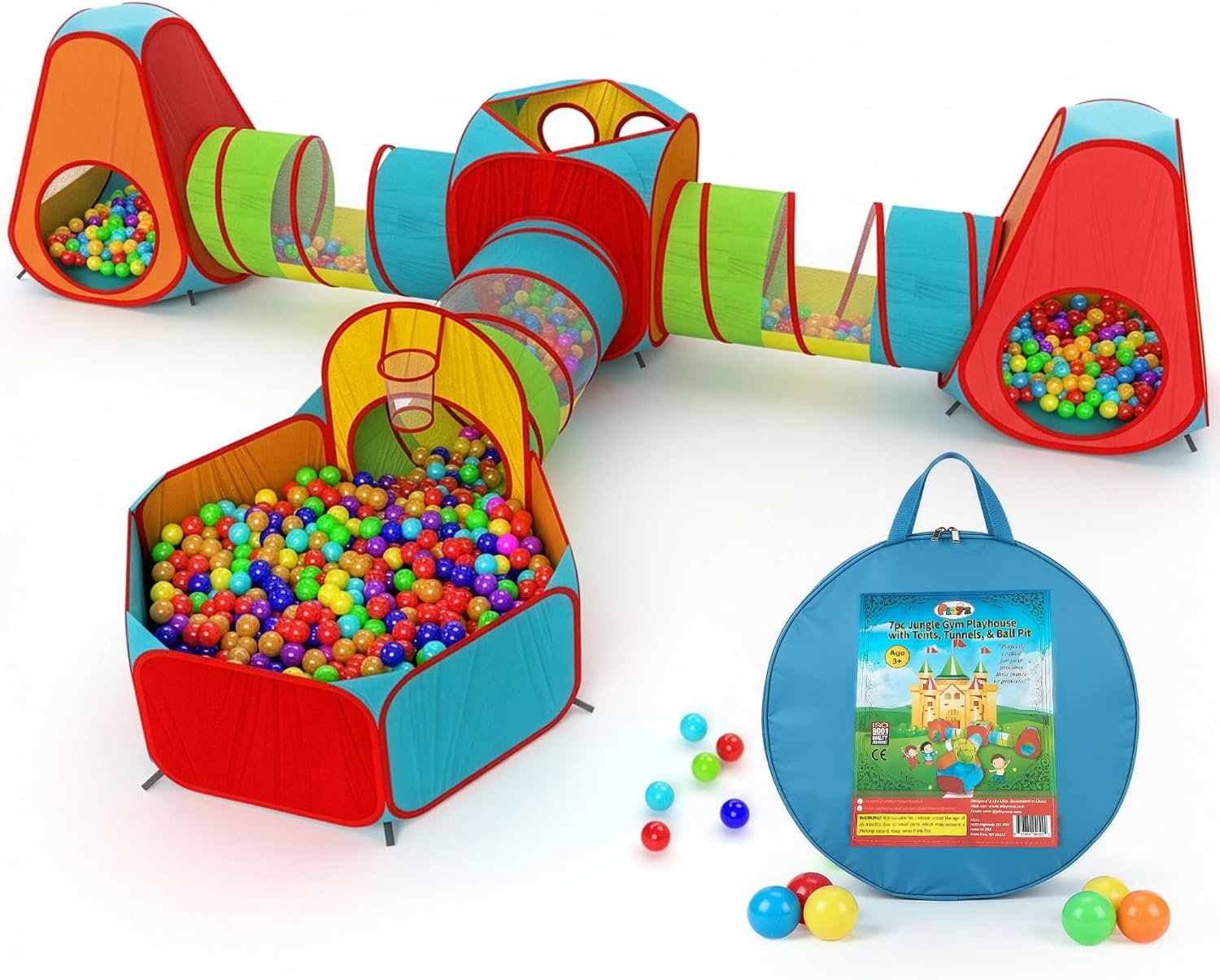 Playz 7pc Kids pop up Play Tent, Crawl Tunnel & Ball Pit for Toddlers