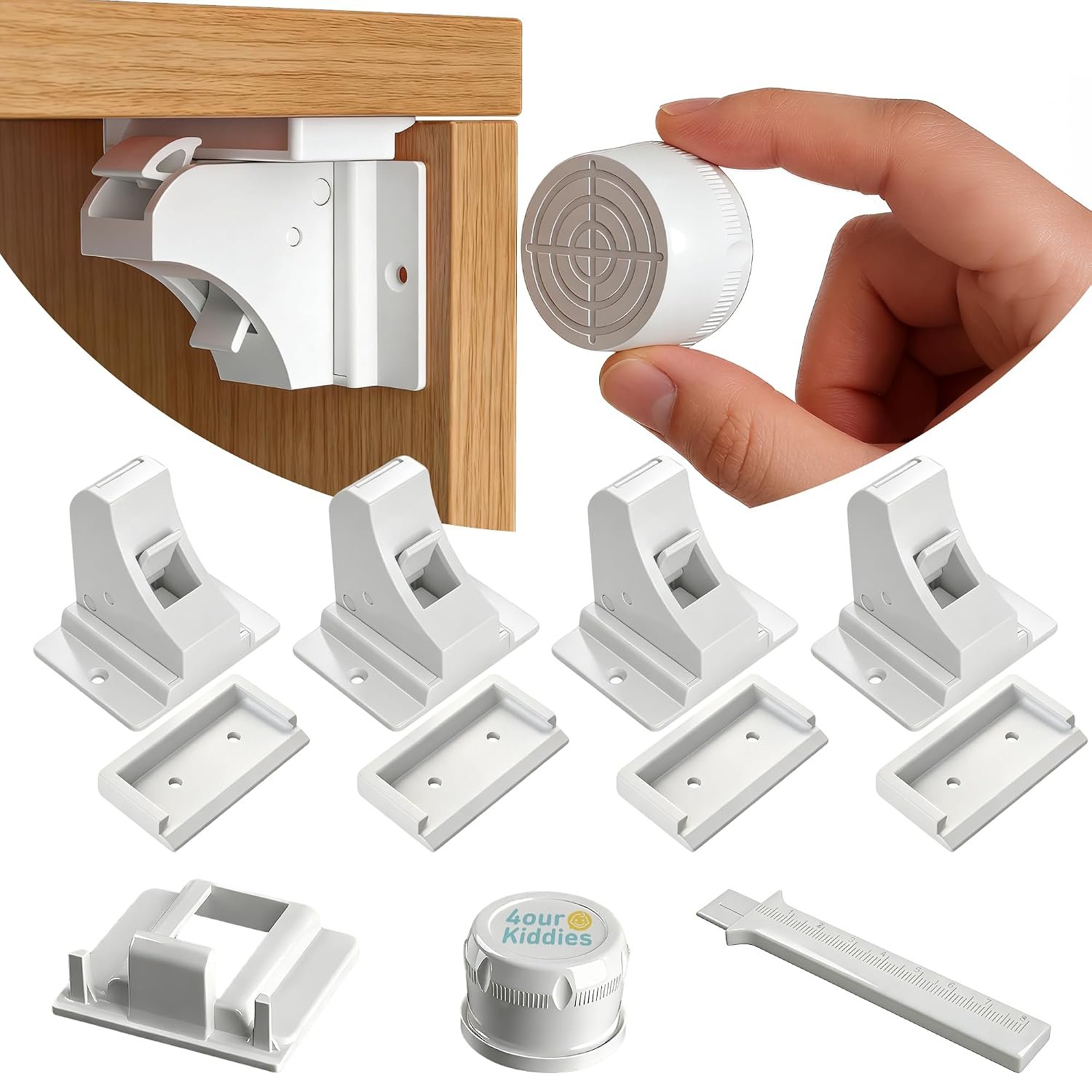 Magnetic Cabinet Locks, Baby Proofing Child Safety Locks for Cabinets, Cupboards and Drawers, Invisible No Drill Adhesive Design with Easy Installation Template & Screws, Starter Kit
