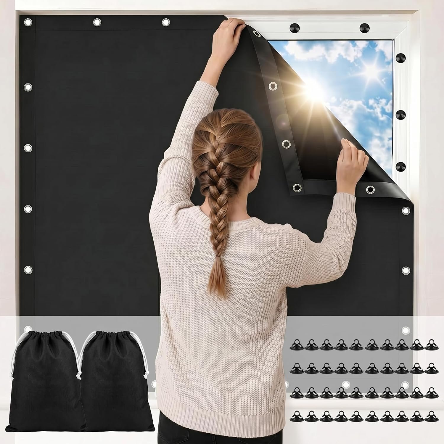 Tegeme 2 Pack Portable Blackout Travel Curtains 51″W x 78″L Black Adjustable Blackout Window Covers with Suction Cups No Drill Black out Window Shade Light Blocker for RV Bedroom Nursery Dorm Use