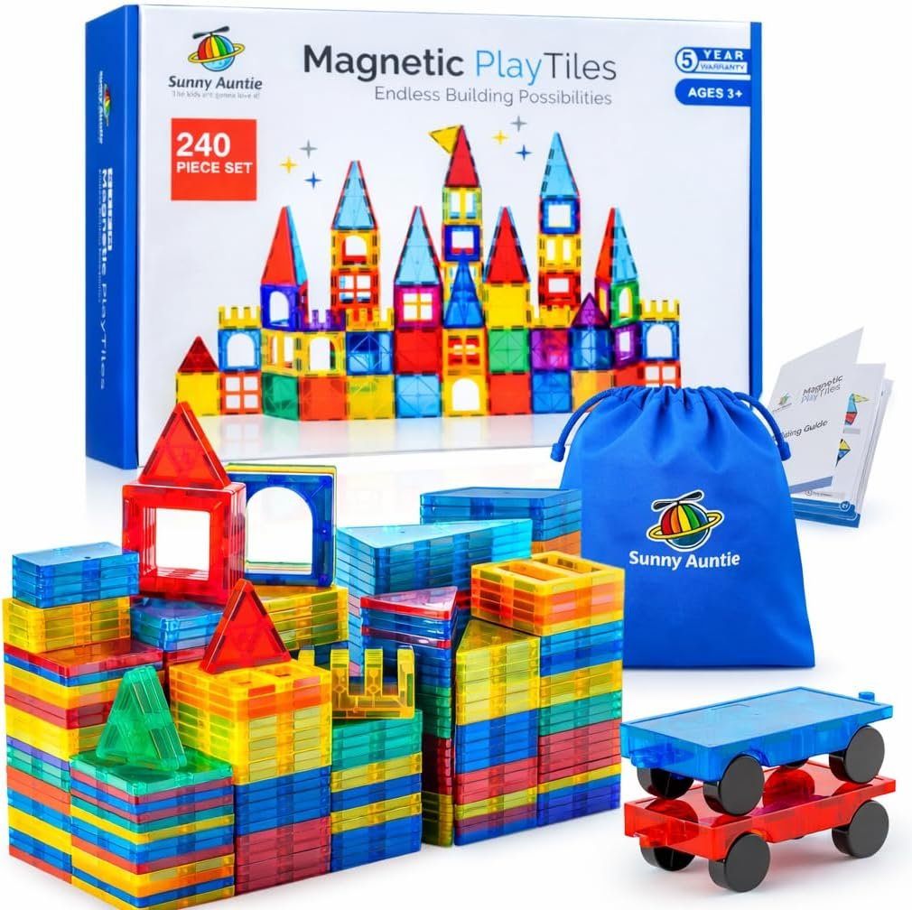 SUNNY AUNTIE Magnetic Tiles STEM Toys Building Set, Ages 3+ – 240 Pieces