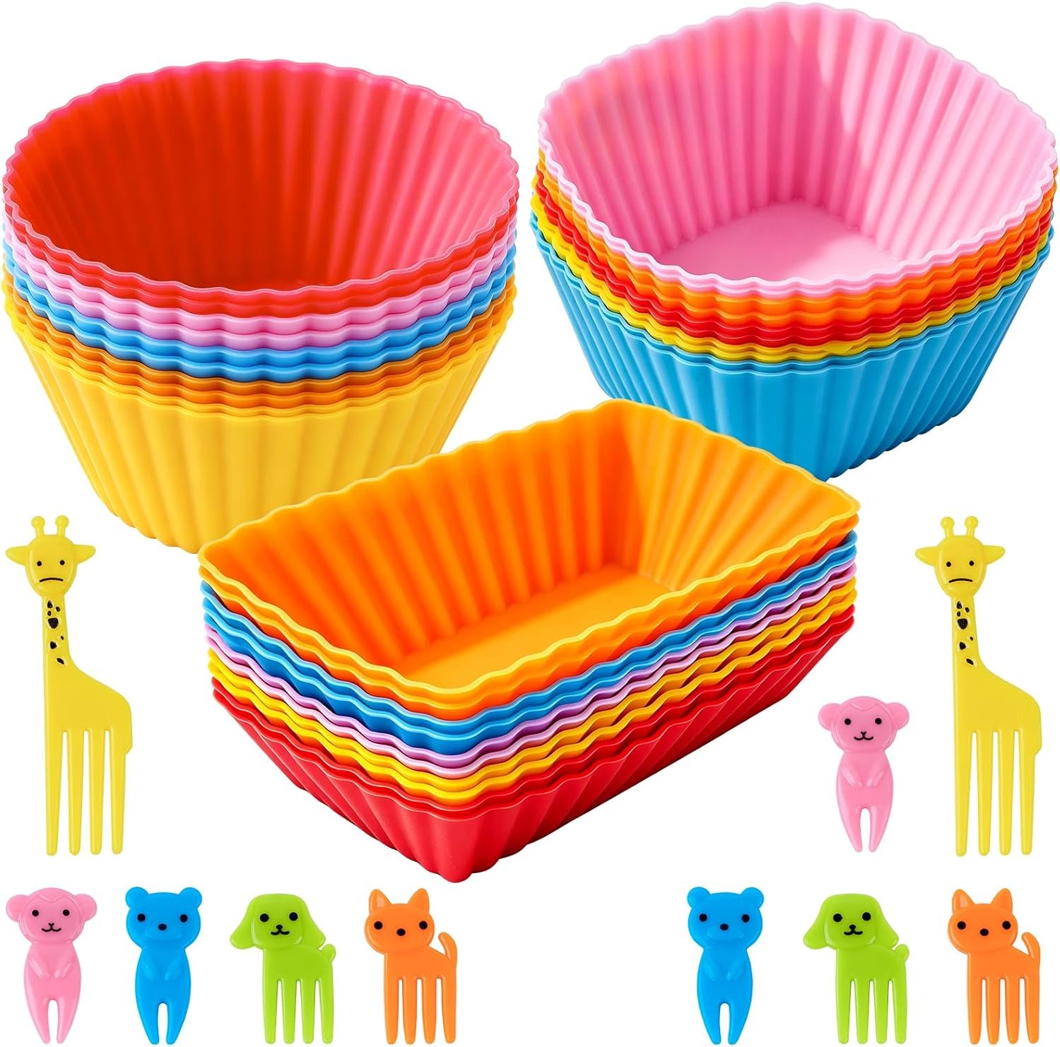 60 Pcs Silicone Lunch Box Dividers – Bento Box Accessories, Silicone Cupcake Liners Reusable Muffin Cups for Baking with Animal Food Picks (30 Cupcake Cups + 30 Picks)