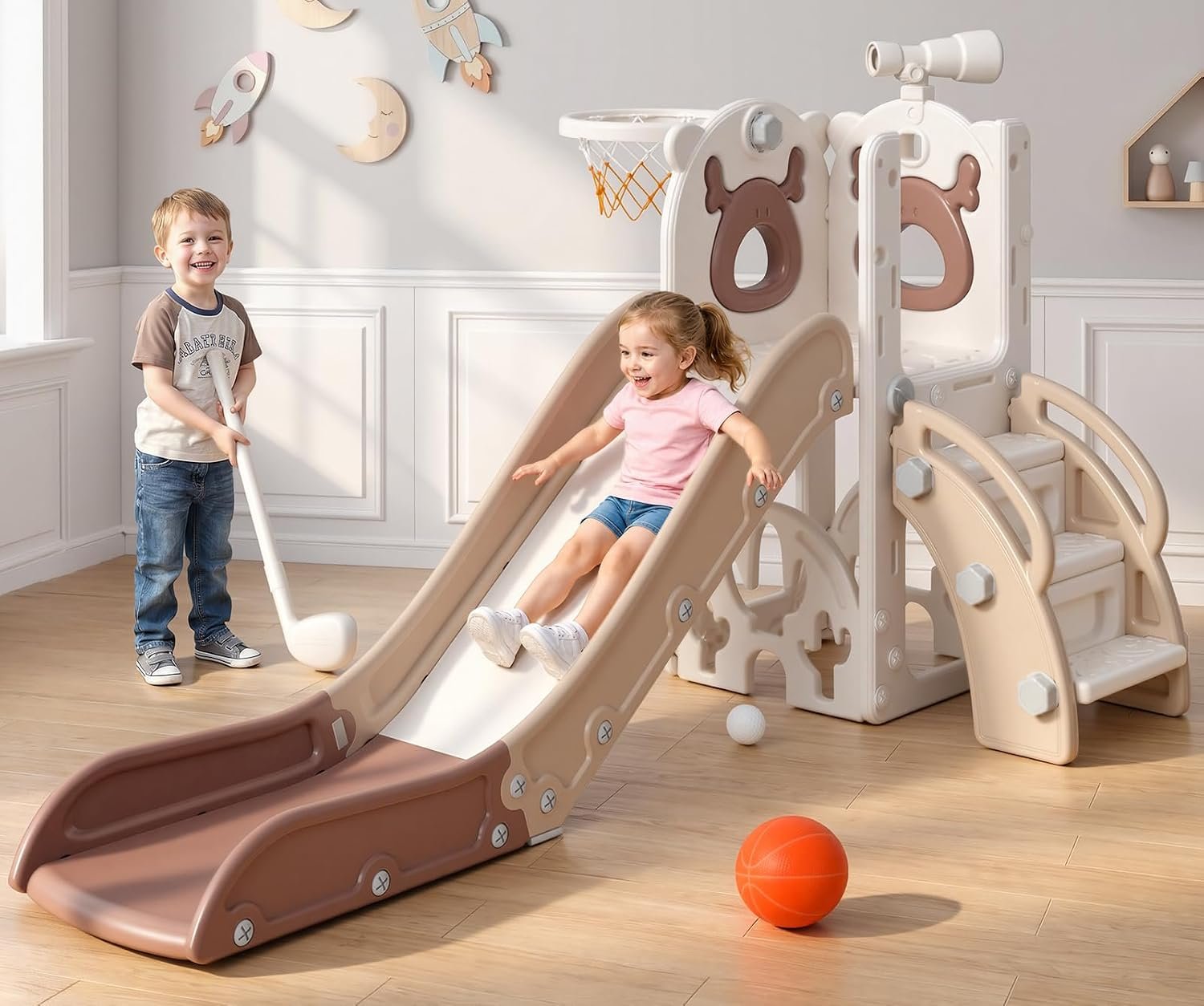 Mloong 7 in 1 Toddler Slide, Kids Slide for Toddlers1-3,Beige & Rosy Brown
