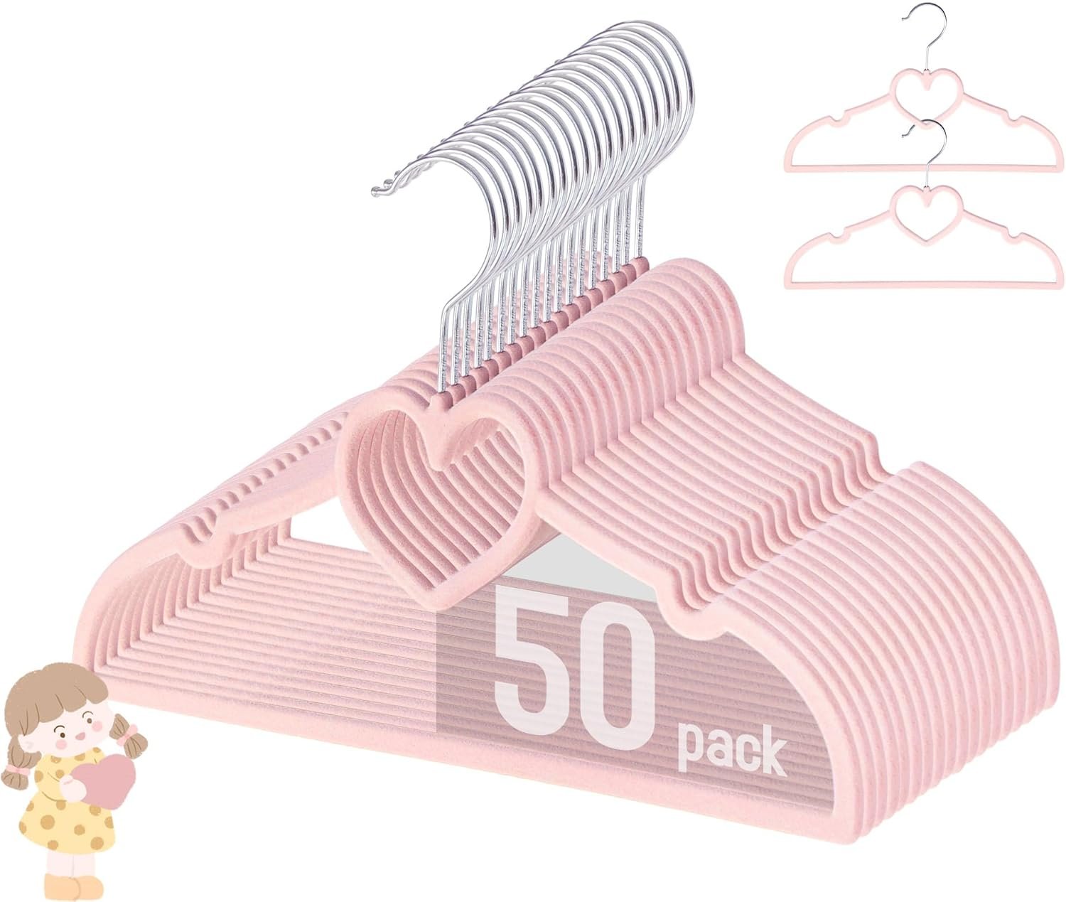 Baby Velvet Hangers, 50 Pack, Non-Slip Pink Kids Clothes Hangers, 12.8 Inch
