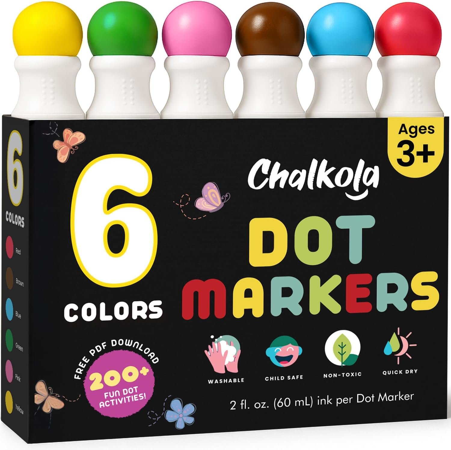 Chalkola 6 Washable Dot Markers for Toddlers 1-3, Non Toxic Kids Art Supply