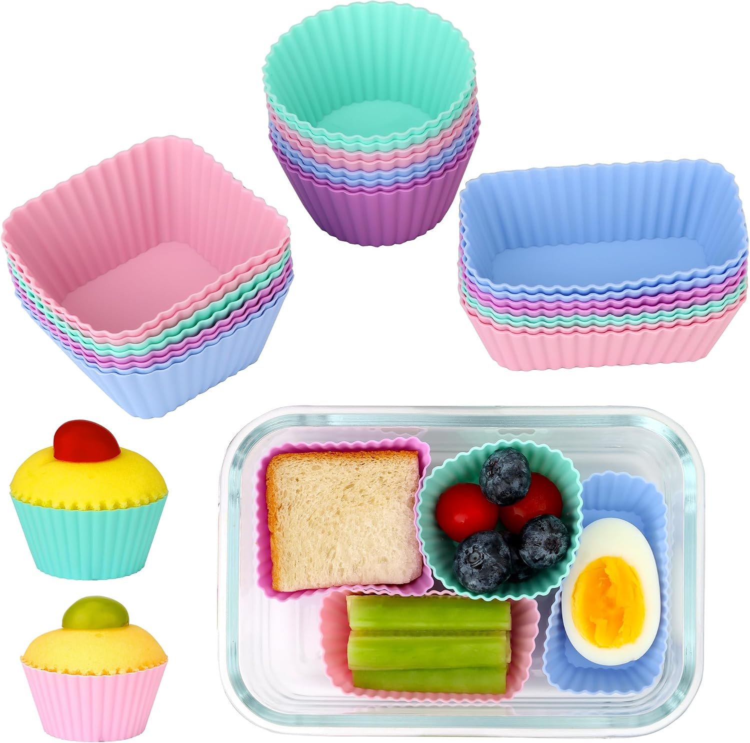24 pcs Silicone Cupcake Baking Cups Dulinkas Reusable Cupcake Liners Non-Stick Baking Muffin Liners Mold Pastry Cake Molds 3 Shapes Multicolor for Lunch Box Dividers
