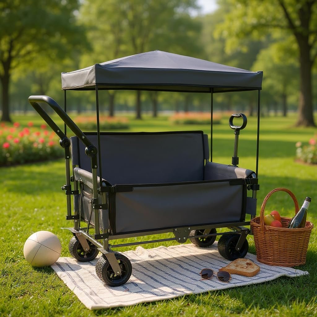 GDFStudio 3-in-1 Folding Wagon Cart with Bench Seat, Canopy and Storage, Lightweight Utility Camping Cart, Heavy Duty Collapsible Wagon for Camping, Beach, Sports, Garden, 500 lbs Capacity, Gray