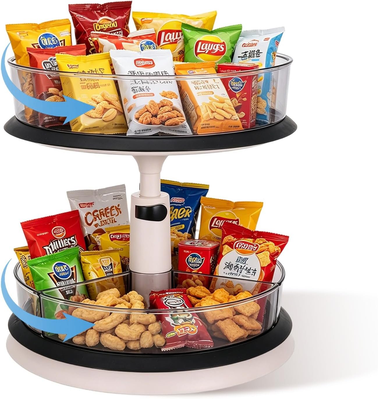 2 Tier Snack Organizer Turntable, Adjustable Height Gray Snack Rack, Removable Dividers Snack Storage Cabinet with Convenient Grab-and-Go Design for Kitchen & Living Room