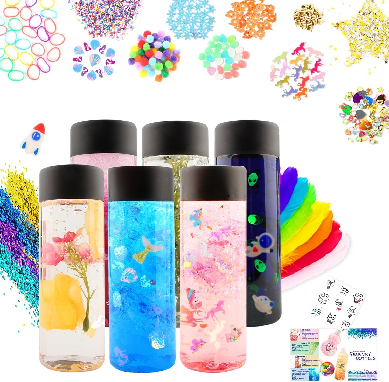 Sensory Bottles Kits for Calm Down Corner Supplies Magic Mixies Sensory Toys with Glitter, 5 Fun Shaped Containers