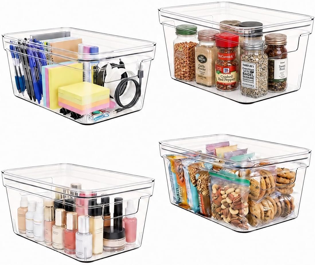 MOONEDGE 4-Pack 10x6x5 Stackable Small Clear Storage Bins with Lids