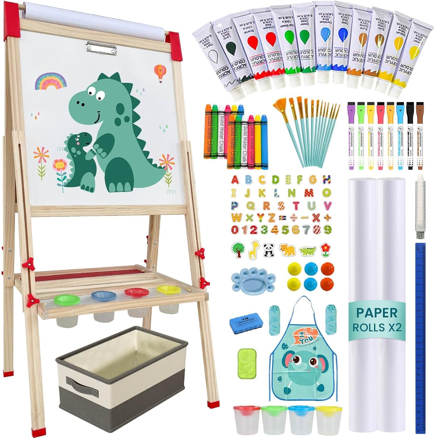 Adjustable Wooden Art Easel for Kids,Double Sided Chalkboard & Whiteboard