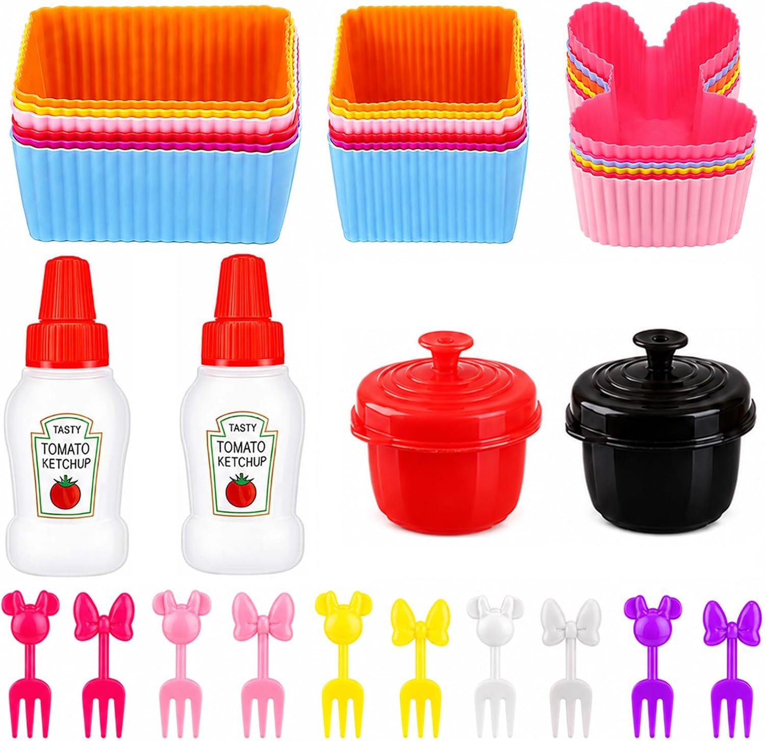 32 Pieces Bento Box Accessories Set, Silicone Lunch Box Dividers Mini Ketchup Bottle Salad Dressing Container and Fruit Picks, Cupcake Baking Cups Liners