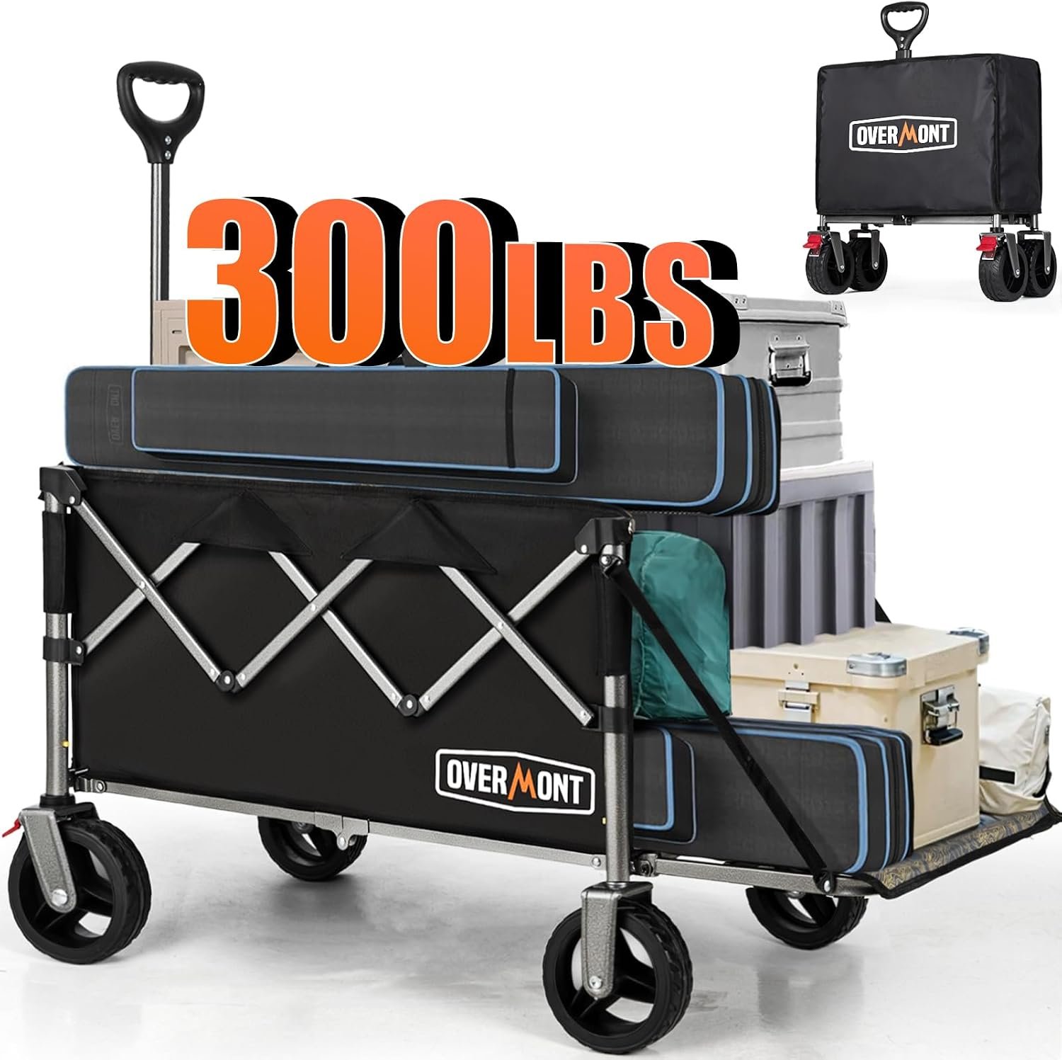 Overmont Folding Wagon with Tailgate, 300 lb Heavy Duty Collapsible Wagon