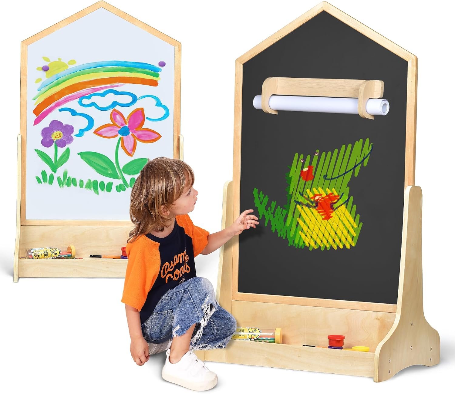 Kids Double-Sided Magnetic Art Easel with Paper Roller & Dual Storage