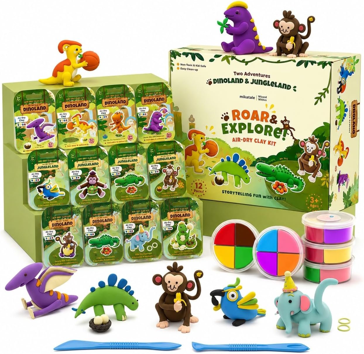 Air Dry Clay Kit for Kids – 12 Dinosaur & Jungle Projects, 48 Colors – Ultra Soft Non-Toxic Clay | Gifts, Crafts & Party Favors