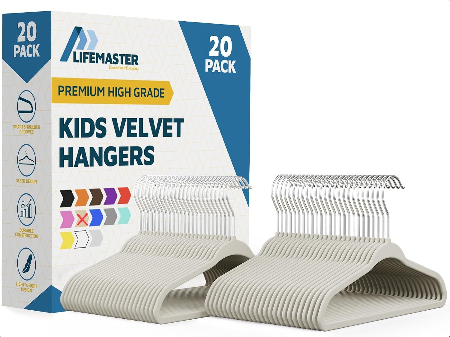 Ivory Velvet Kids Hangers 20 Pack, 10.83″ Non-Slip Baby & Toddler Hangers for Clothes, Space-Saving Slim ABS Plastic with 360° Swivel Hook & Notched Shoulders, Up to 10 lb Capacity