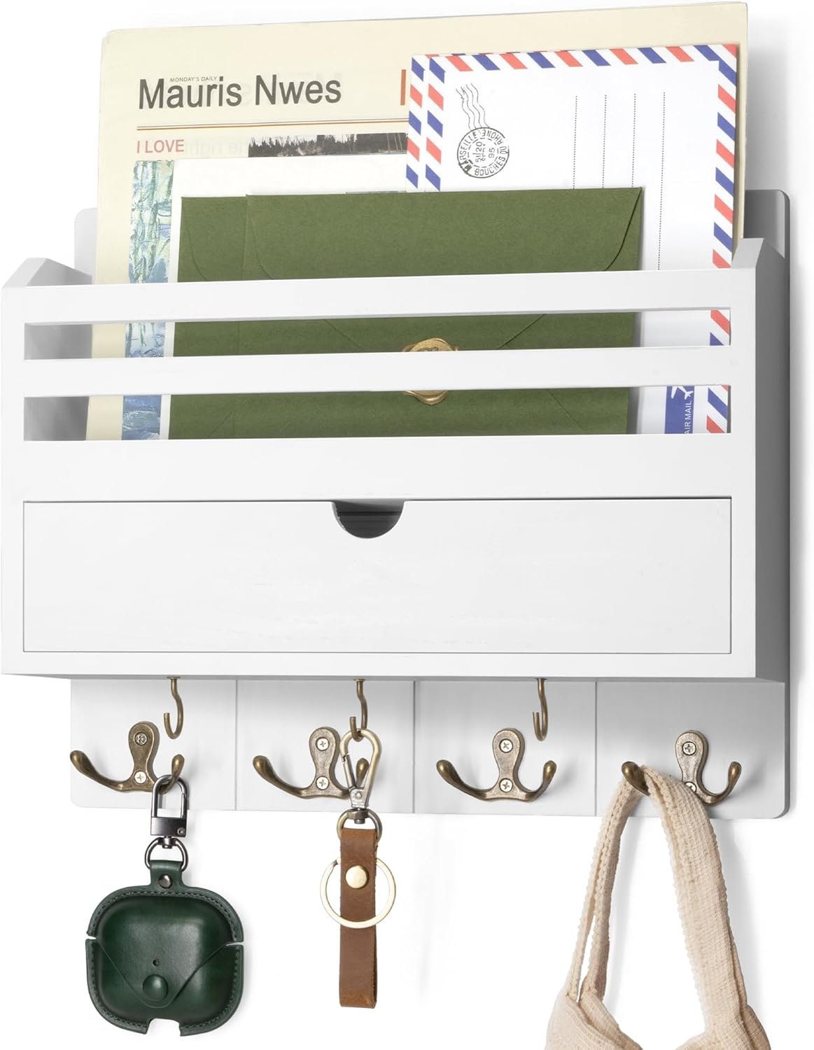 Rebee Vision Mail Organizer Wall Mount with Drawer for Living Room, White