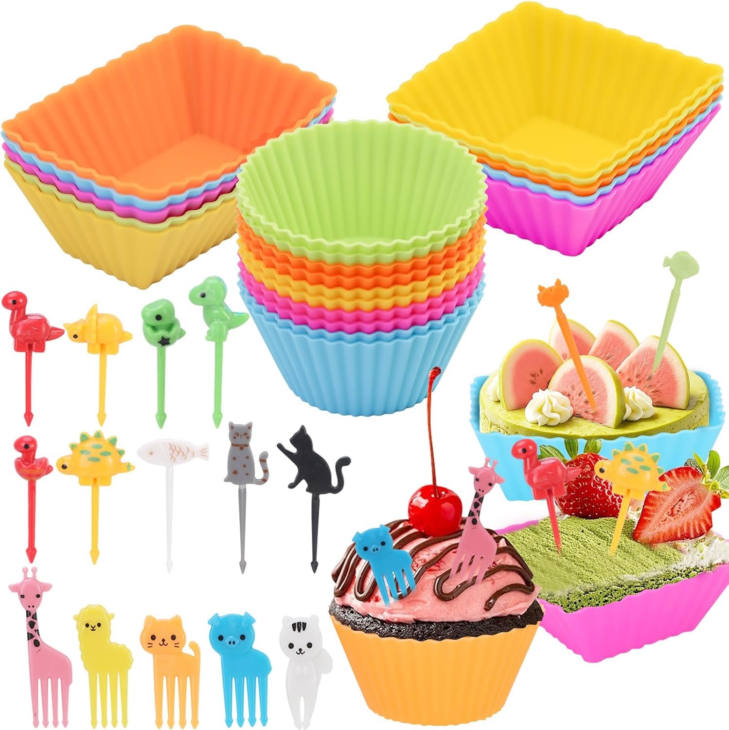 60PCS Silicone Lunch Box Dividers, Heavy-Duty Silicone Cupcake Liners for Muffin Cups, Reusable Kids’ Lunch/Bento Box Accessories Set with Animal Forks, Food-Grade, BPA Free(20 Liners + 40 Picks)
