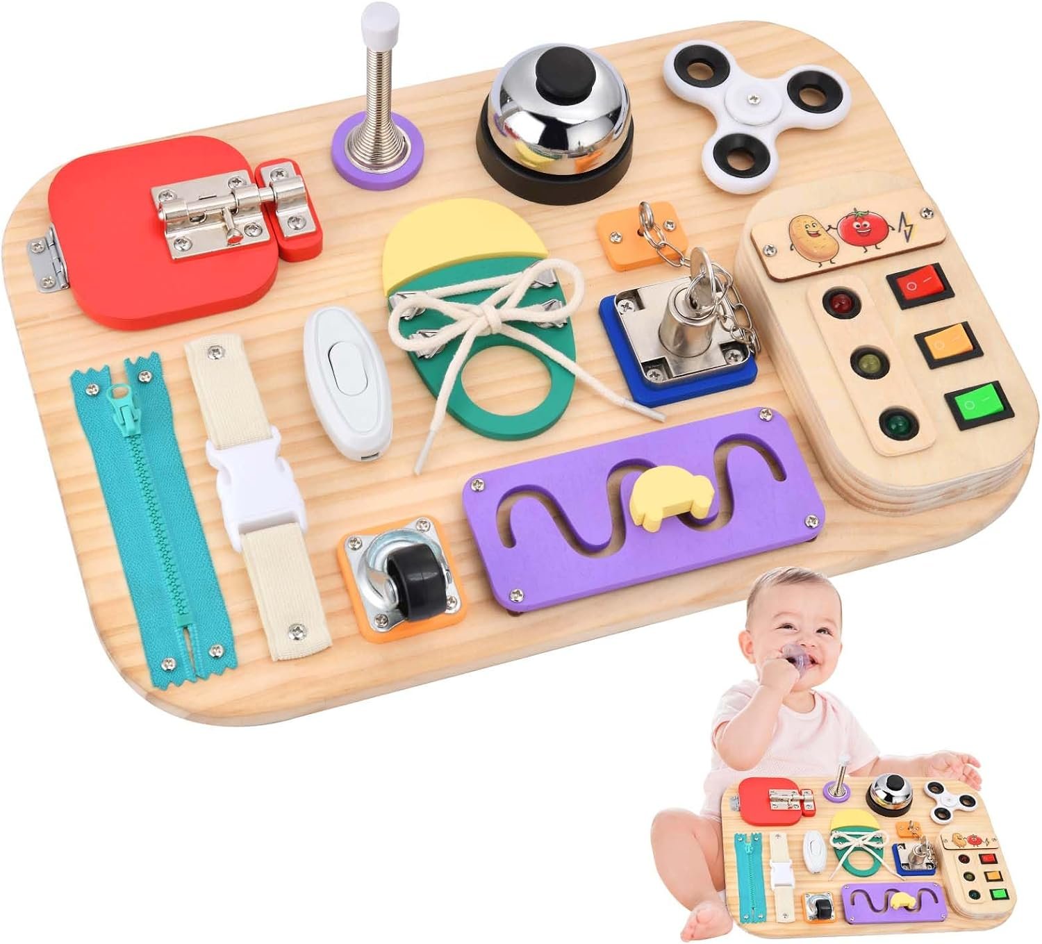 Potatomato Montessori LED Busy Board for Toddlers, Wooden Sensory Toy Kids