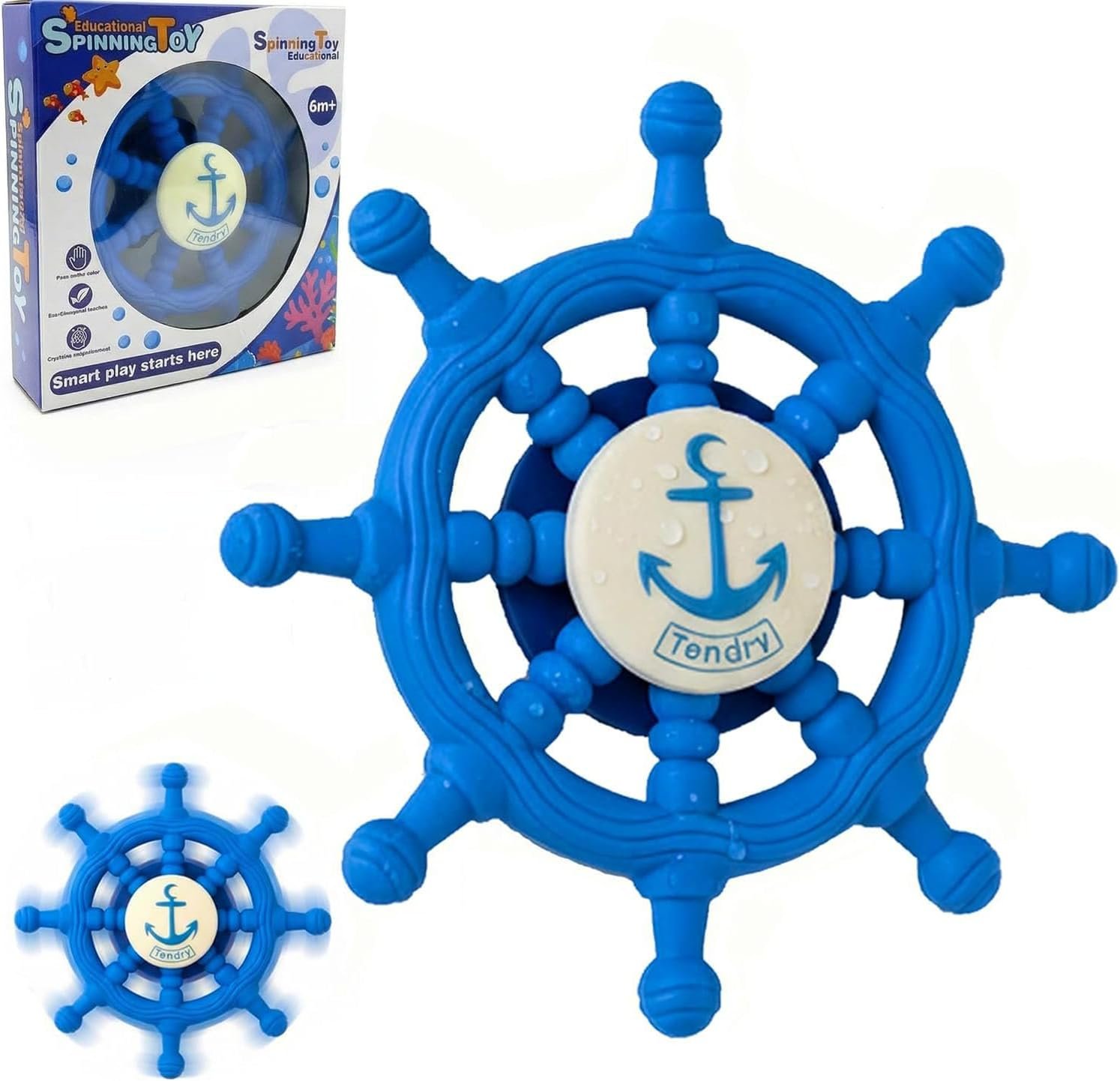 Baby Suction Spinner Toys for Bathtub, Silicone Toddler Bath & High Chair Toys for 1 Year Old Boy/Girl Birthday Gift, Interactive Ship Steering Wheel InfantToy for Car Window Travel-Blue