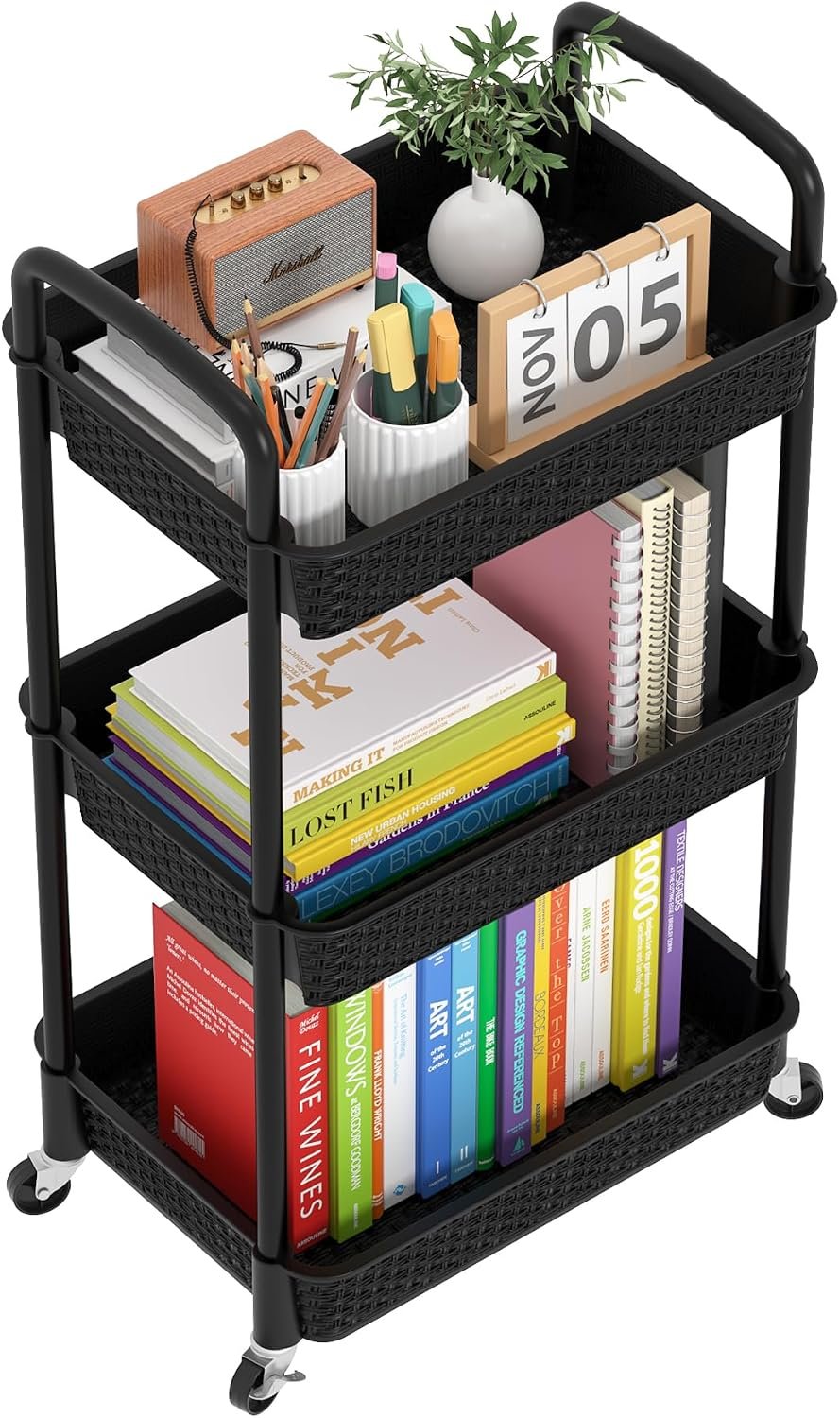 MOYIPIN 3-Tier Plastic Rolling Utility Cart with Handle,Black
