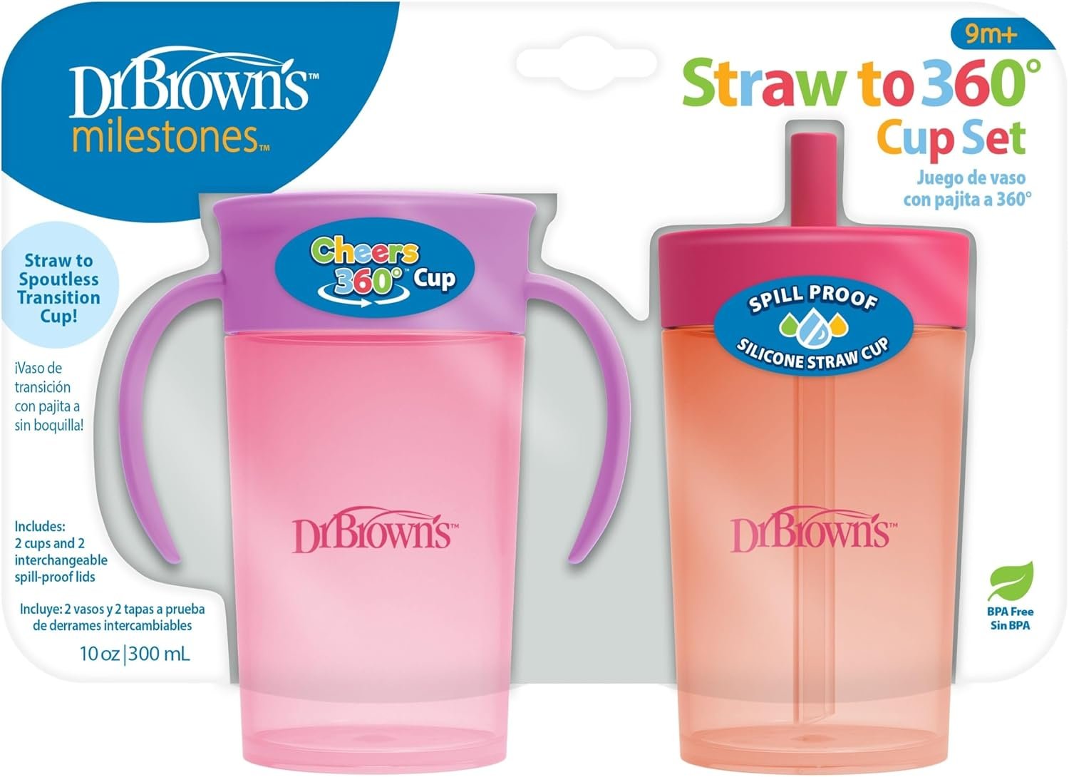 Dr. Brown’s Milestones Straw to 360 Cup Set, Pink Coral, 2-Pack
