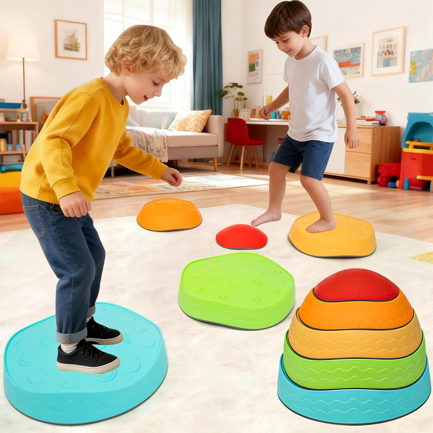 Gentle Monster Stepping Stones for Kids, Set of 6/8/11 PCS for Balance with Non-Slip Bottom – Exercise Coordination and Stability (Egg-Colorful)
