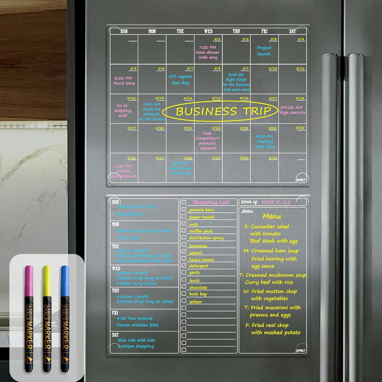 JJPRO Non-Magnetic Dry Erase Calendar for Fridge, Monthly Calendar, Weekly Planning Board Bundle for All Smooth Surfaces. Clear Reusable Calendar Stick to Fridge,Cabinet,Door&Glass