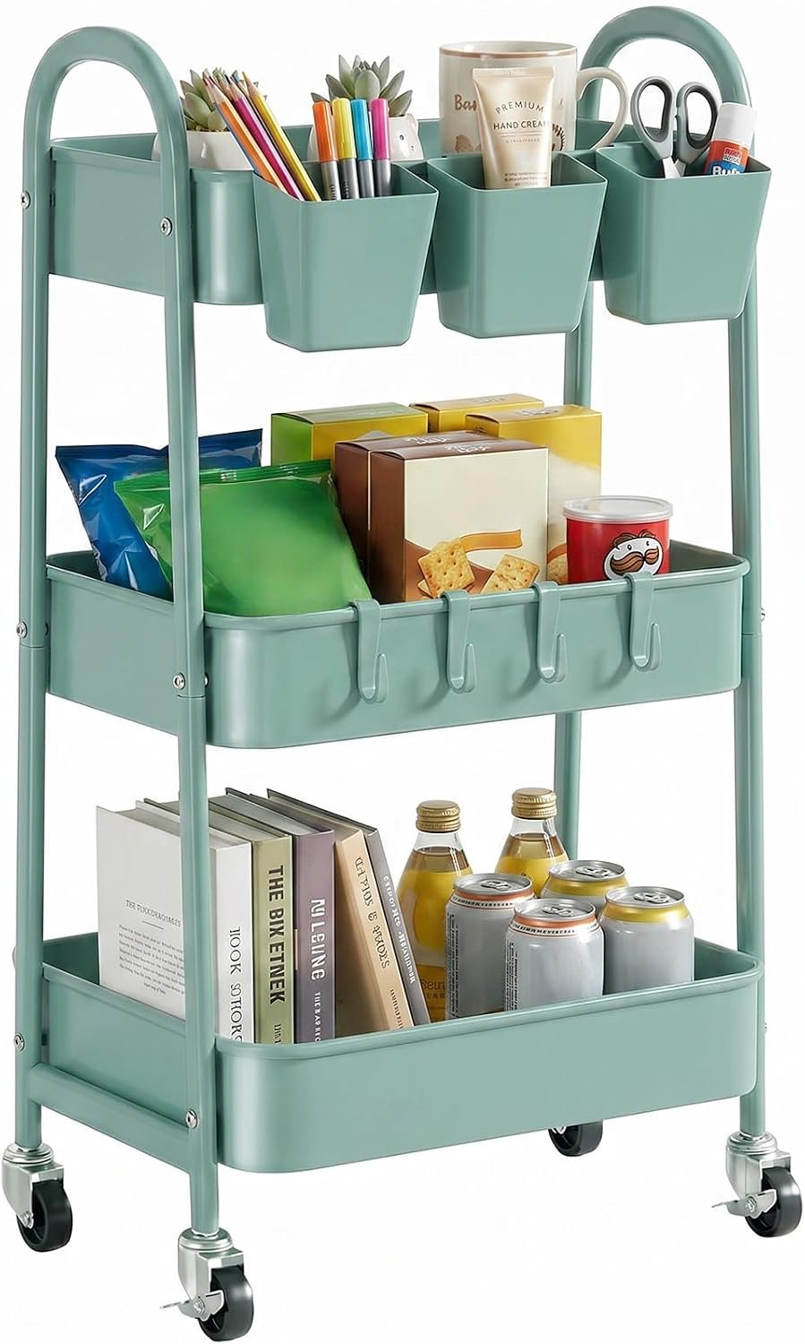 danpinera 3-Tier Rolling Cart, Utility Cart Mobile Metal Rolling Storage Cart with Lockable Wheels & Hanging Cups & Hooks for Kitchen, Bathroom, Office, Workshop, Green