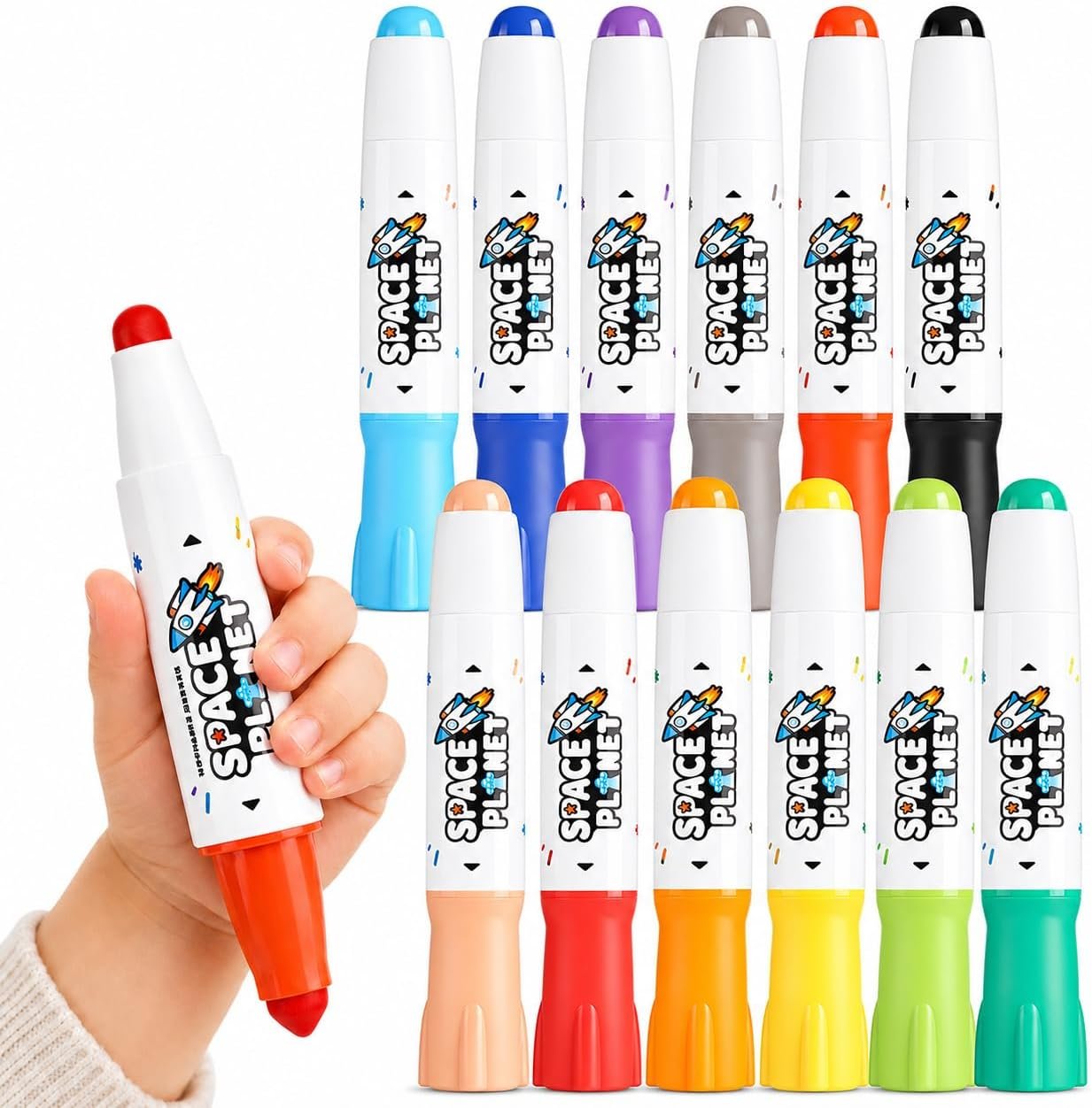 Washable Markers for Kids, 12 Count Jumbo Rocket Shaped Dual Tip Markers