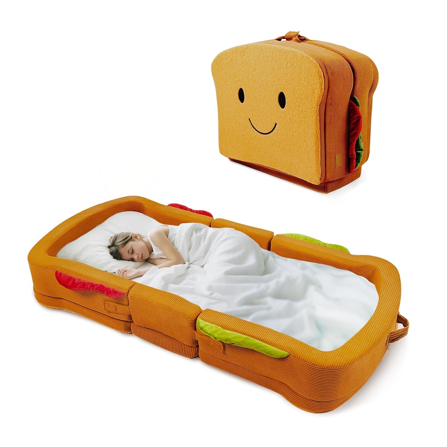 Toddler Travel Bed Sandwich Style – Portable Toddlers Floor Beds, Foldable Soft Foam Travel Bed for Baby and Kid, Washable Cover Toddler Cot with Safety Rail for Travel, Home/Travel Sleep