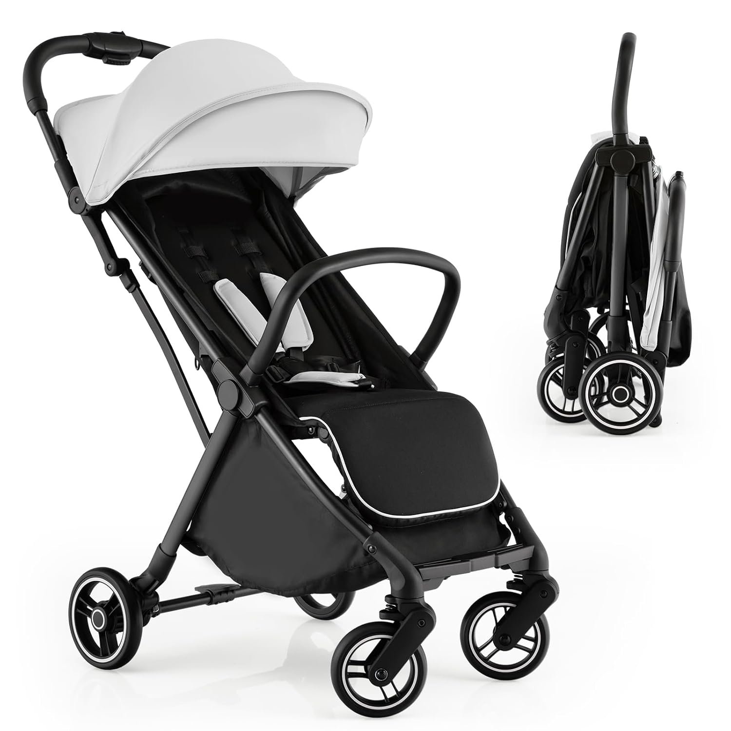 HONEY JOY Lightweight Baby Stroller, Compact Travel Stroller for Airplane, Fits Airplane Cabin & Overhead, One-Hand Gravity Fold, Self-Standing Toddler Stroller w/Adjustable Backrest/Canopy(Gray)