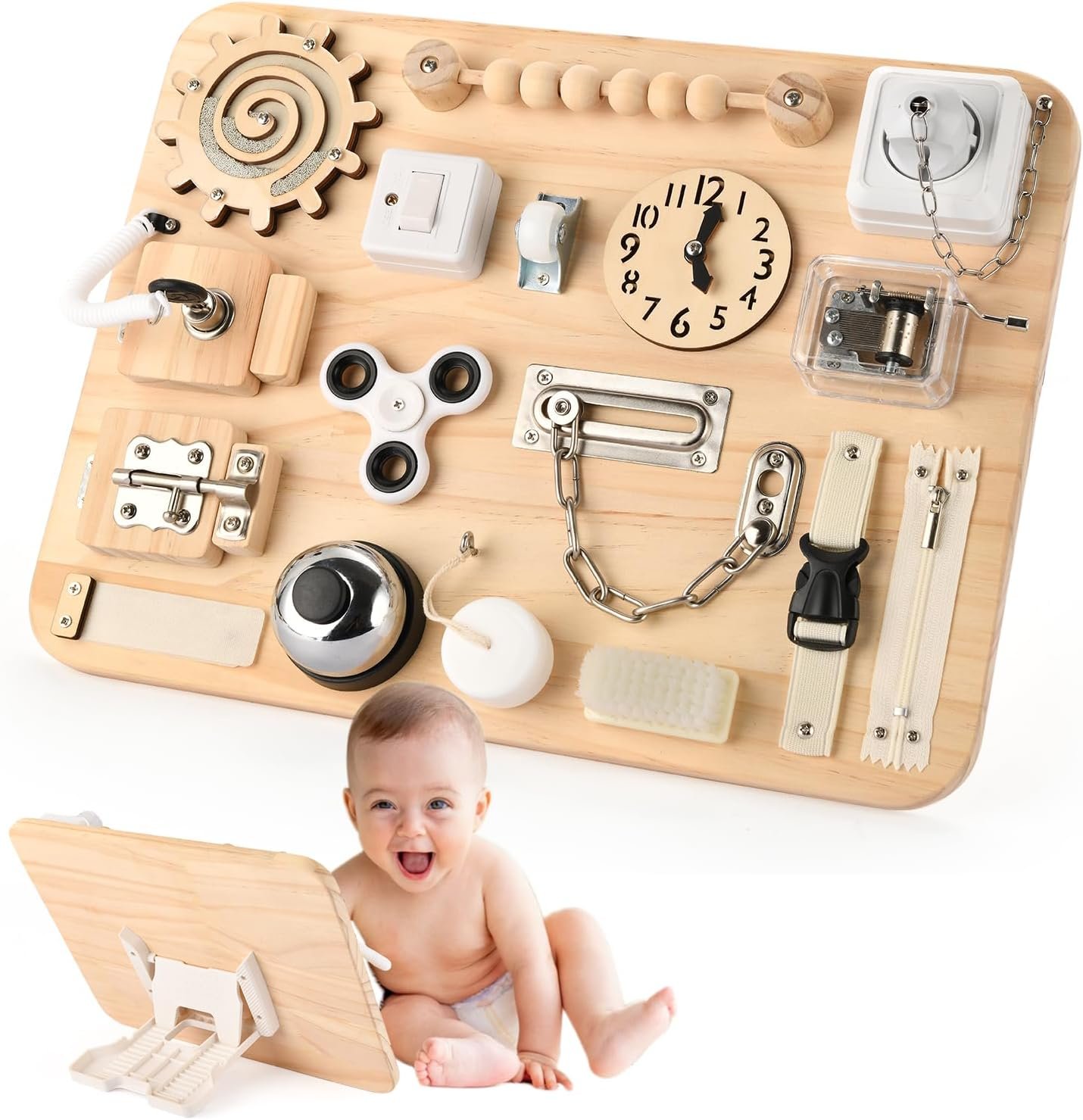 Potatomato Large Wooden Busy Board for Toddlers, Montessori Sensory Toy