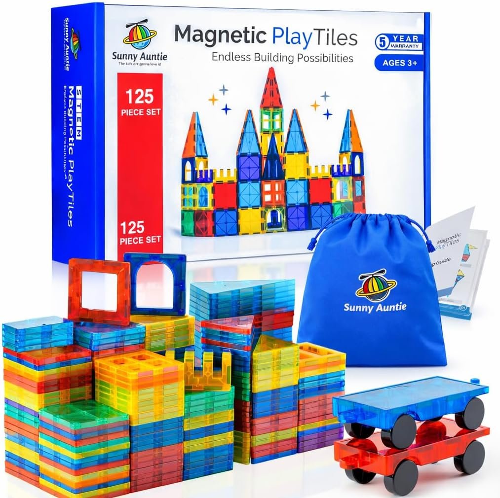 SUNNY AUNTIE Magnetic Tiles STEM Toys Building Set, Ages 3+ – 125 Pieces