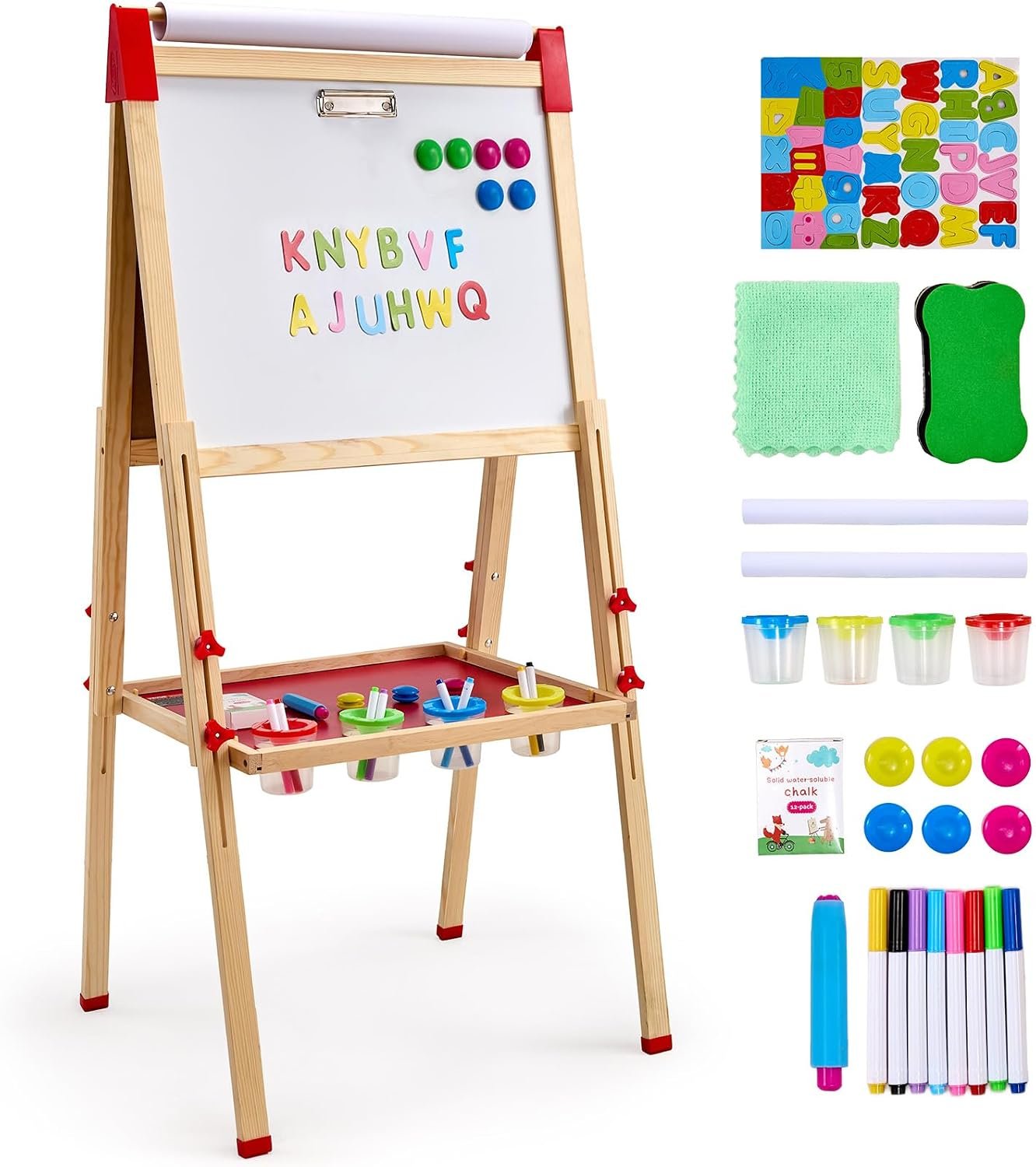 VEVOR Art Easel for Kids, 3-in-1 Wooden Double-Sided Kid’s Art Easel with Magnetic Whiteboard, Chalkboard & Paper Roll, Adjustable Standing Drawing Board with Painting Accessories for Boys and Girls