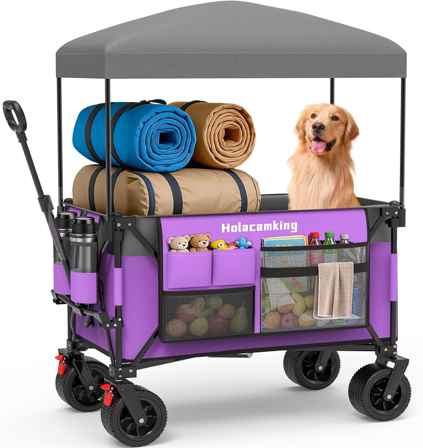 Collapsible Canopy Wagon Cart, All-Terrain Big Wheels, Purple