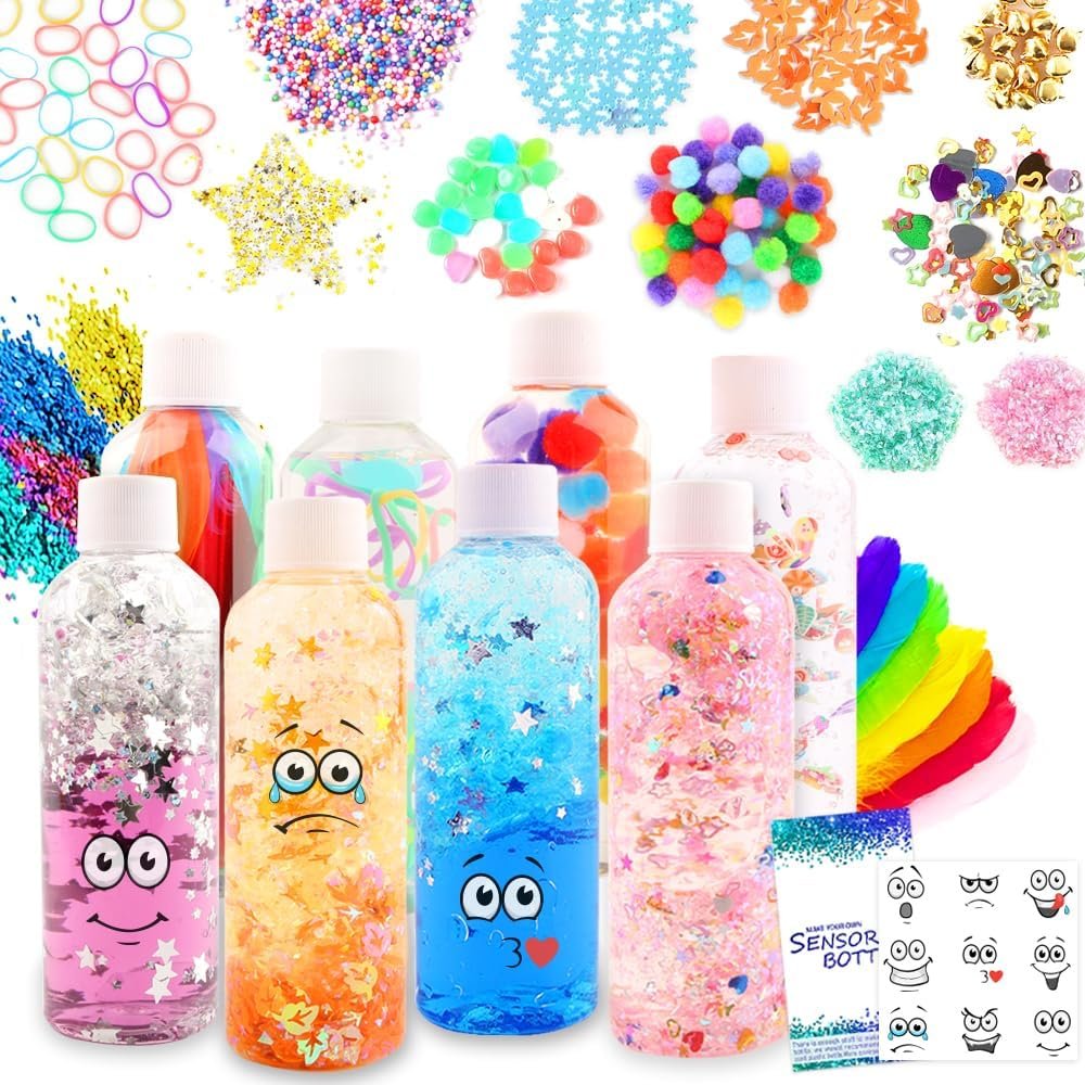 Calm Down Sensory Bottles for Calm Down Corner Items, Calming Sensory Toys, Sensory Bottles for Social Emotional Learning with Glitter Pom Poms and More