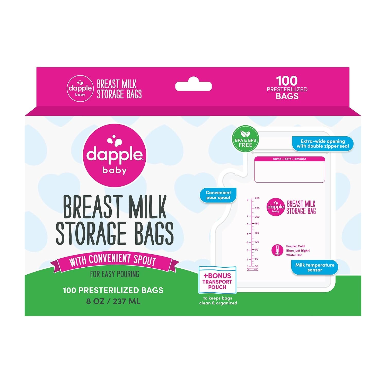 Dapple Baby – Breast Milk Storage Bags with Pour Spout – 8oz, 100ct