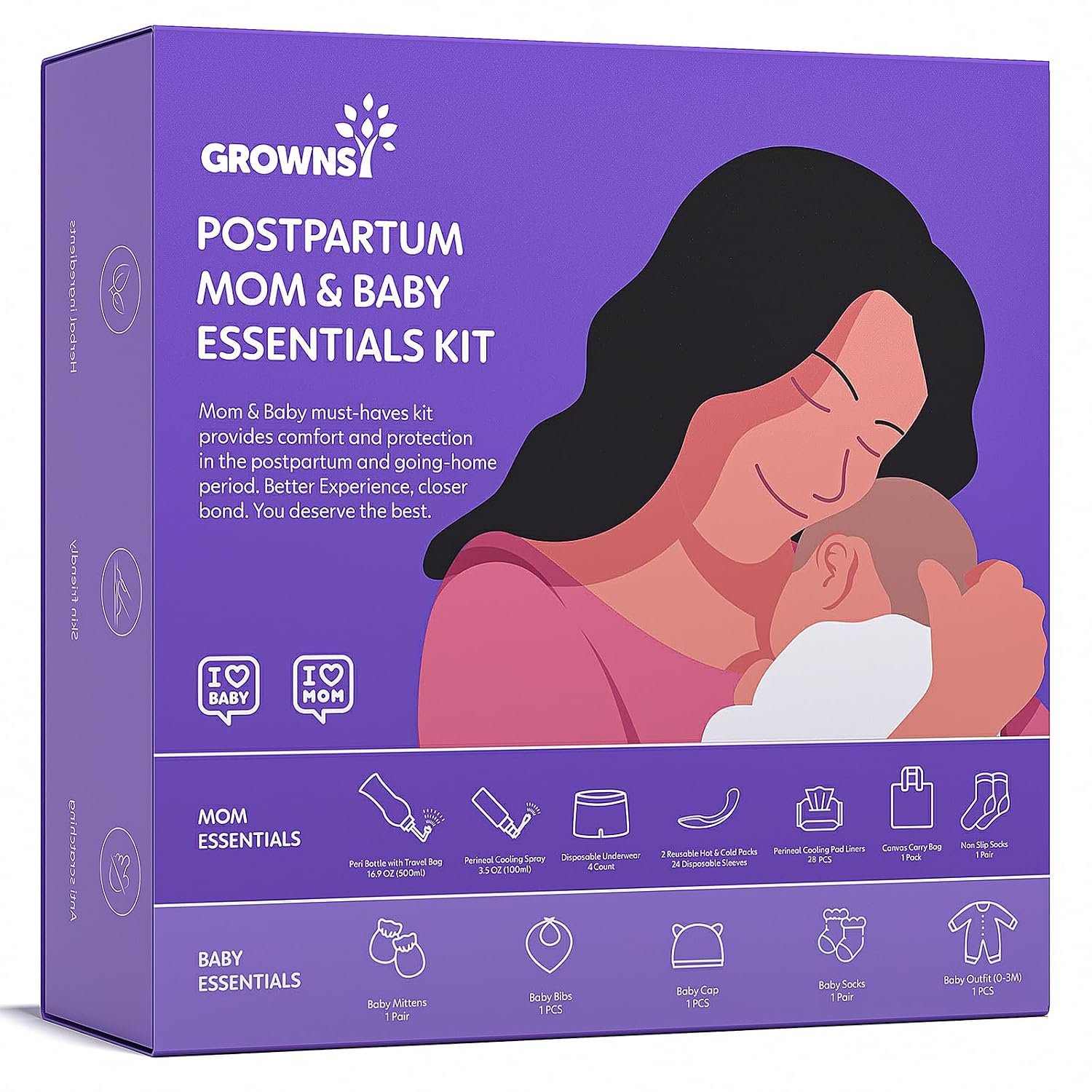 GROWNSY 16pc Postpartum Essentials Recovery Kit for Mom & Baby, Purple