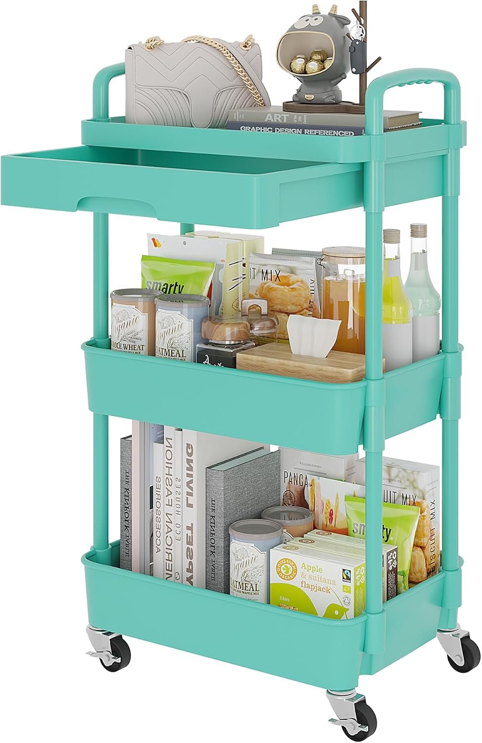 Calmootey 3-Tier Utility Cart with Drawer & Wheels, Storage for Home,Office