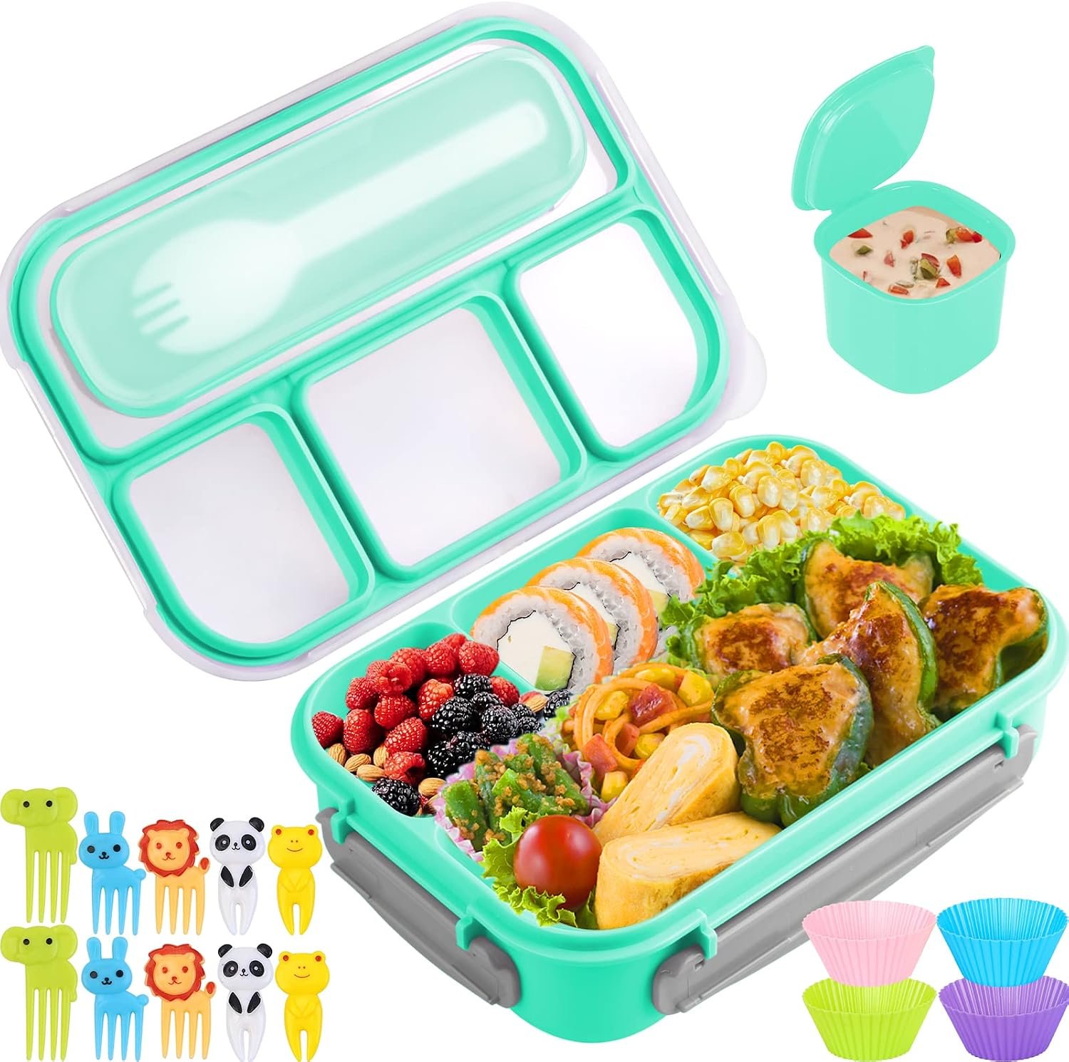 Bento Box for Kids 1300ML with 4 Compartment & Food Picks Cake Cups, Green