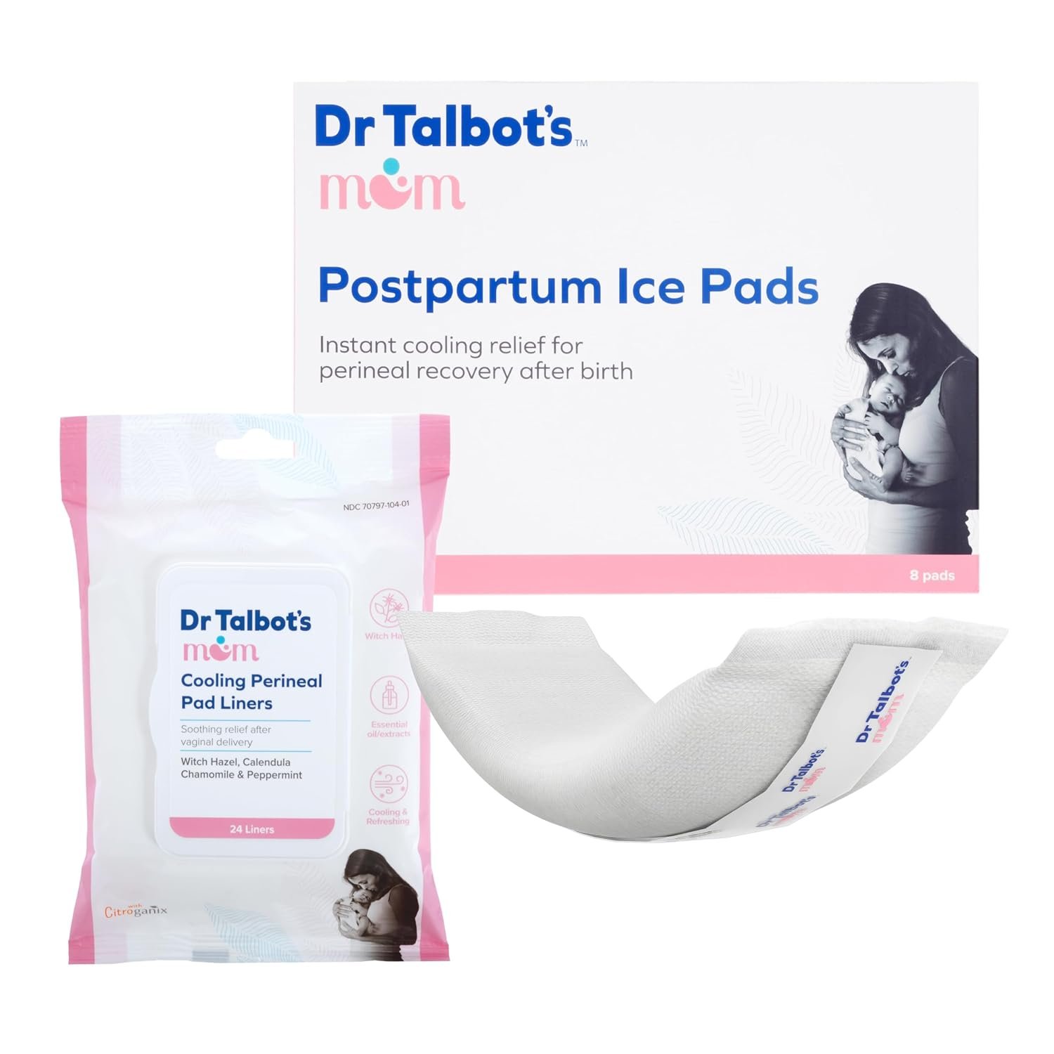 Postpartum Essentials Bundle of Dr. Talbot’s Mom Postpartum Perineal Pad Liners, Instant Cooling Witch Hazel – 24 Liners + Postpartum Ice Pads for Pain Relief, 8-Pack