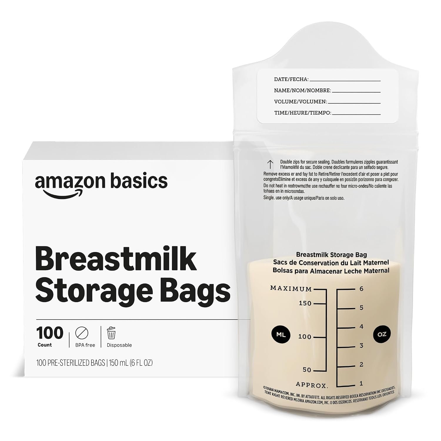 Amazon Basics Breastmilk Storage Bags, Pre-Sterilized, BPA Free, Double Zips, for Refrigeration and Freezer Storage, 100 Count, 6 fl oz (Previously Mama Bear)