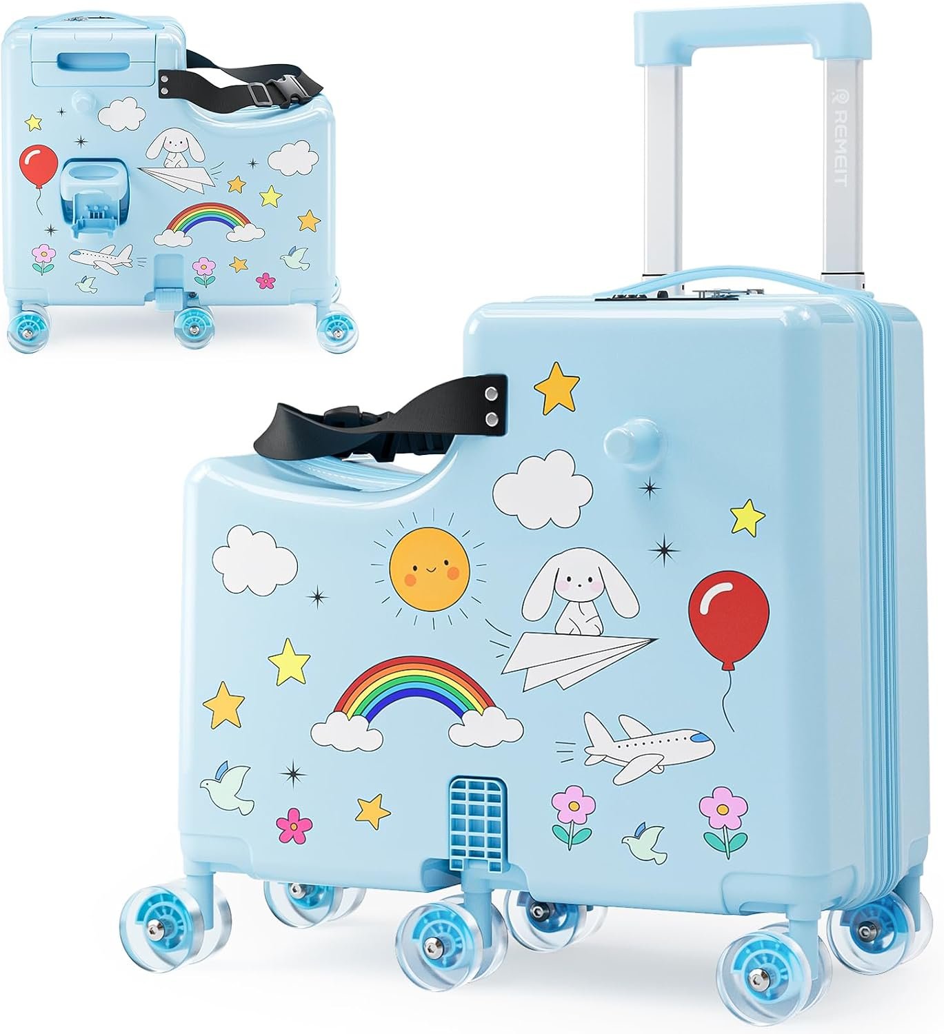 Ride On Suitcase for Kids, Kids Ride On Luggage with Wheels, Hard Shell Kids Suitcase with TSA Lock, Foldable Pedal, Cup Holder, Safety Belt & 6 Spinner Wheels, Toddler Carry On Luggage, Blue