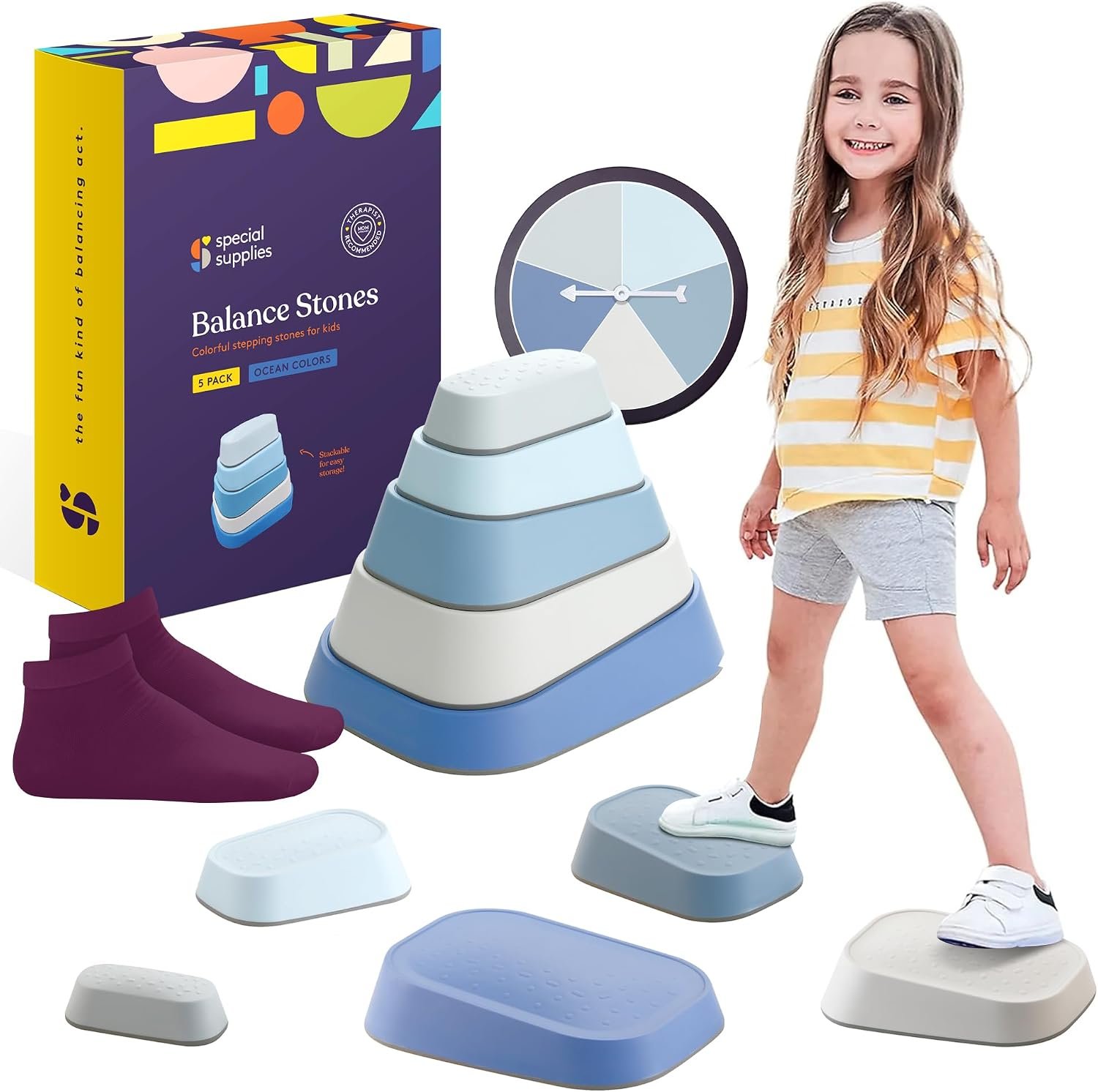 Special Supplies Set of 5 Stepping Stones for Kids Indoor and Outdoor Balance Blocks Promote Coordination, Balance Strength Child Safe Rubber, Non-Slip Edging (Ocean)