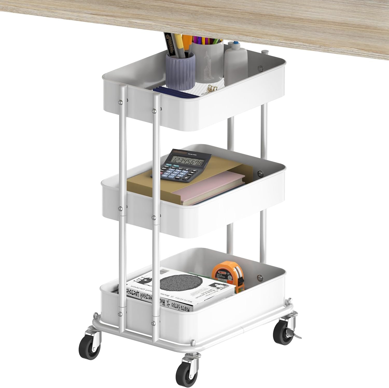 Simple Houseware 3-Tier Utility Cart, Low 24″ Height Fits Under Desk, White