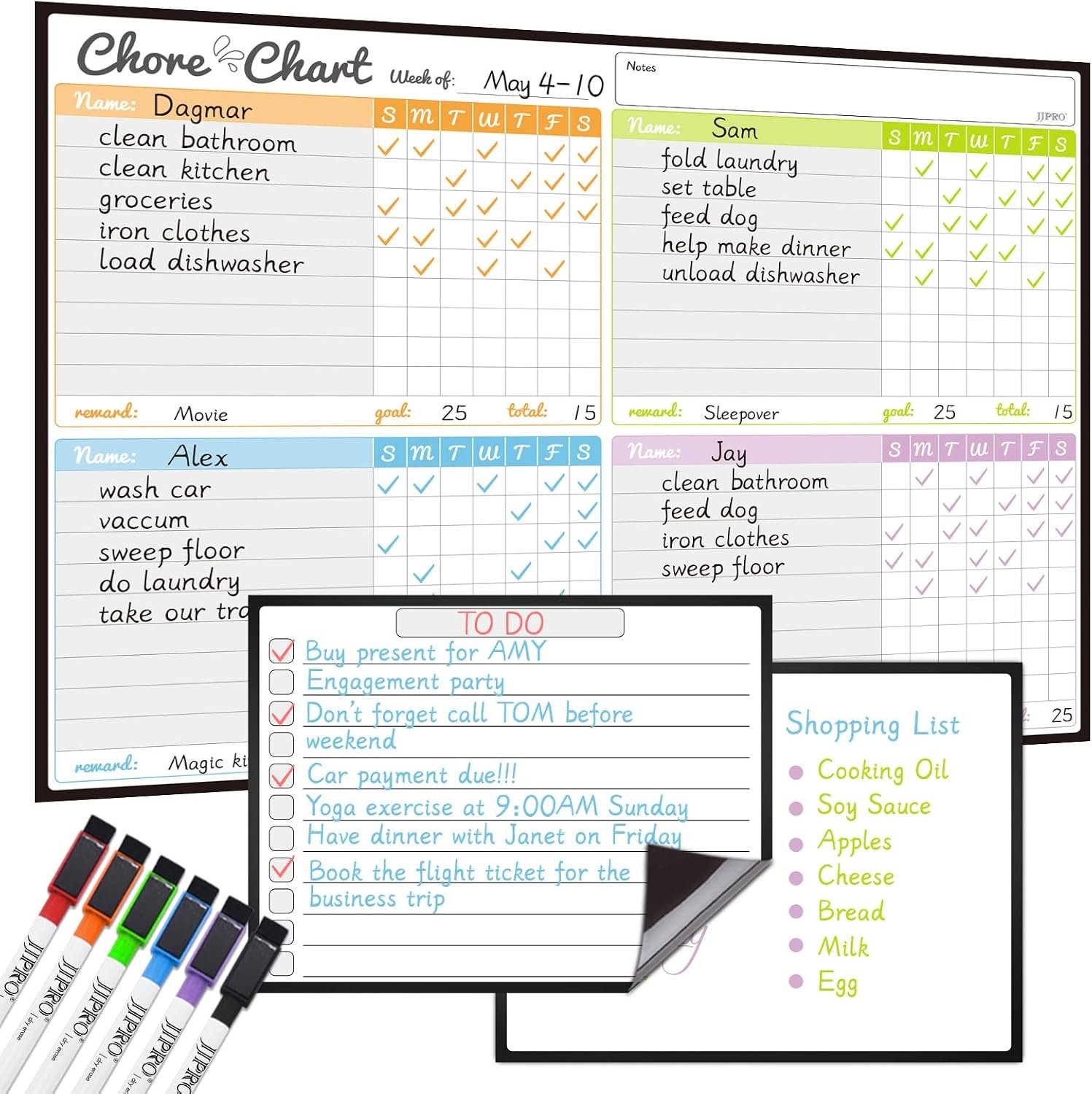 JJPRO Magnetic Dry Erase Chore Chart Set for Fridge-Used for Multiple Kids-One Chore Chart and Two Bonus Dry Erase Pad/Grocery Boards-Behavior Chart for Multiple Kids