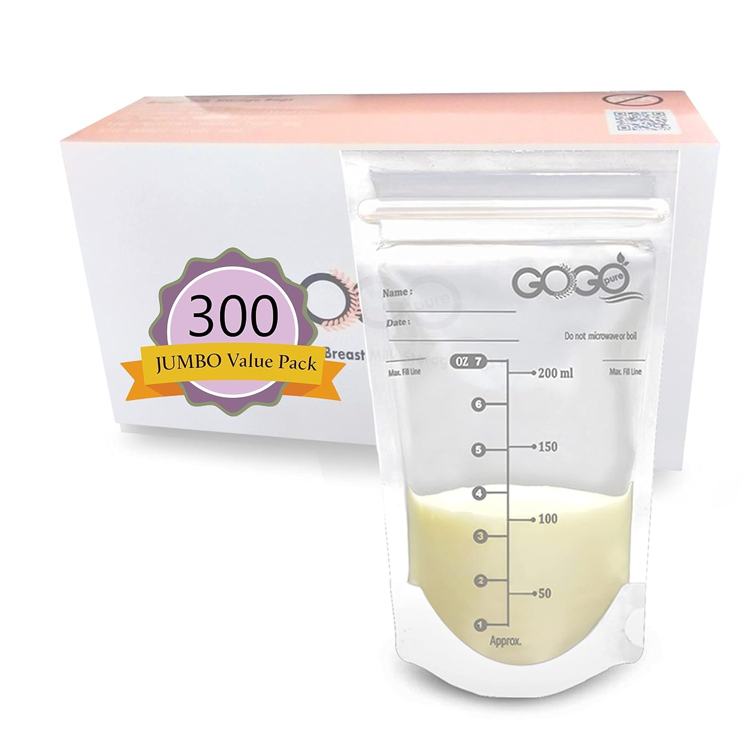 300 Count Breastmilk Storage Bags, 7 OZ, PRE-STERILIZED By Gamma Ray, PRE SEAL, BPA Free, Leak Proof Storing Double Zipper Seal, Self Standing, for Refrigeration and Freezing