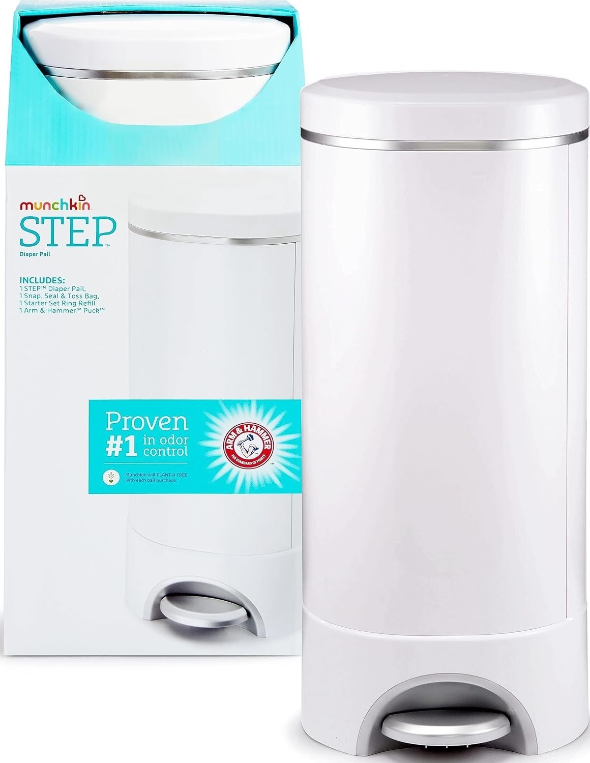 Munchkin® STEP™ Diaper Pail Powered by Arm & Hammer, #1 in Odor Control, Award-Winning, Includes 1 Snap, Seal & Toss™ Bag, 1 Starter Refill Ring, and 1 PUCK™ Baking Soda Cartridge